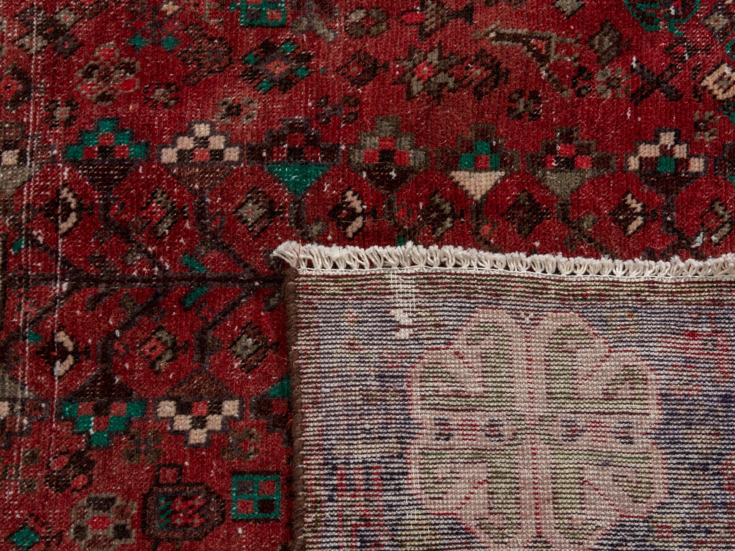 Persian Shiraz area rug in faded red and dark brown, view 15 of 15