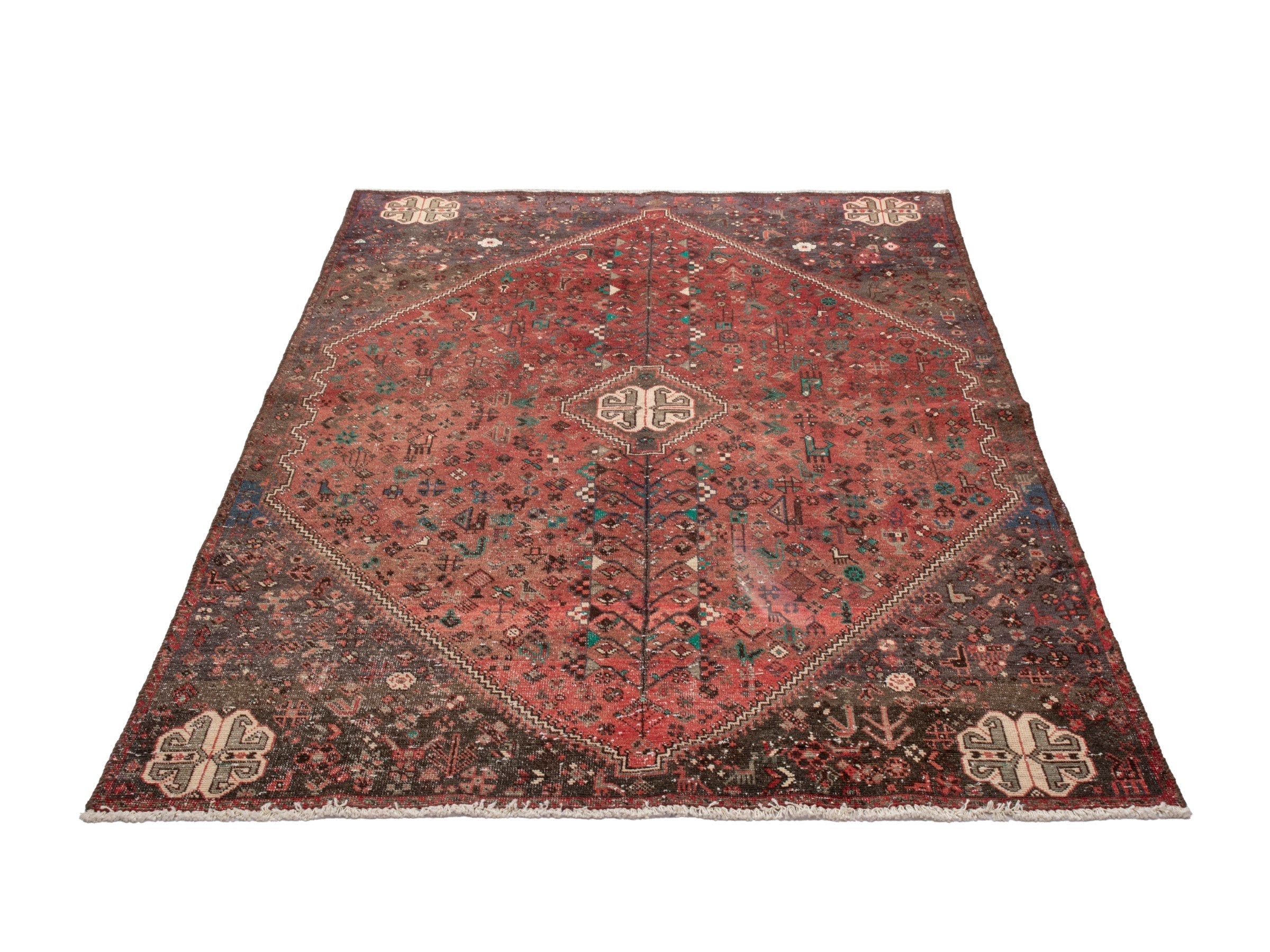 Persian Shiraz area rug in faded red and dark brown, view 2 of 15