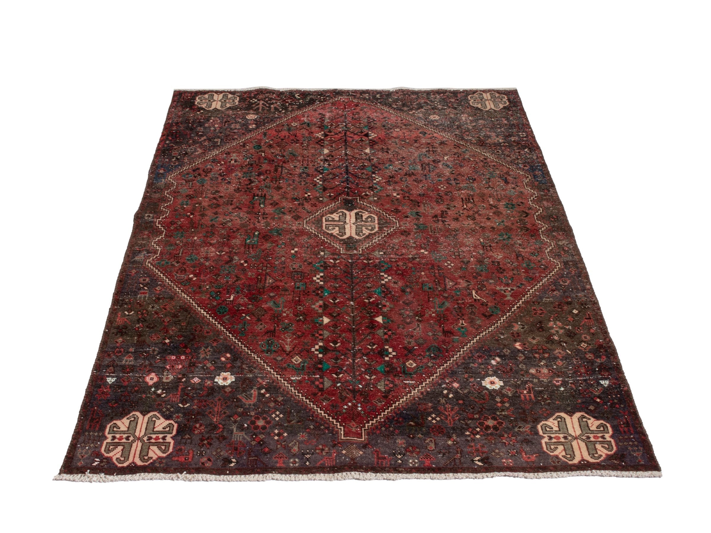 Persian Shiraz area rug in faded red and dark brown, view 3 of 15