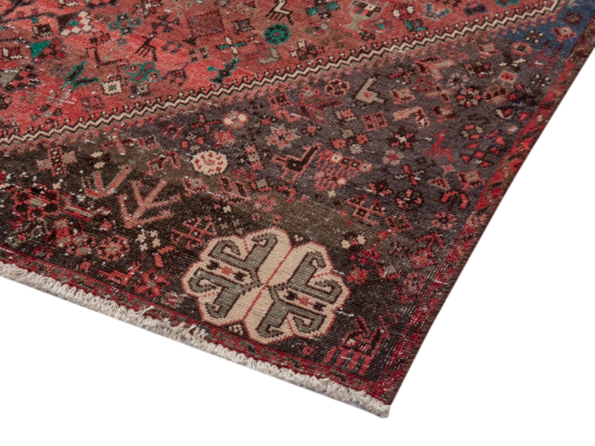 Persian Shiraz area rug in faded red and dark brown, view 5 of 15