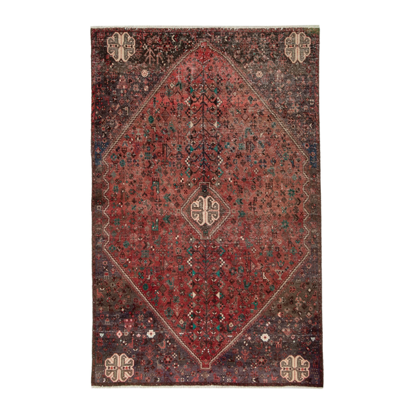 Persian Shiraz area rug in faded red and dark brown, 4'7" x 6'9"
