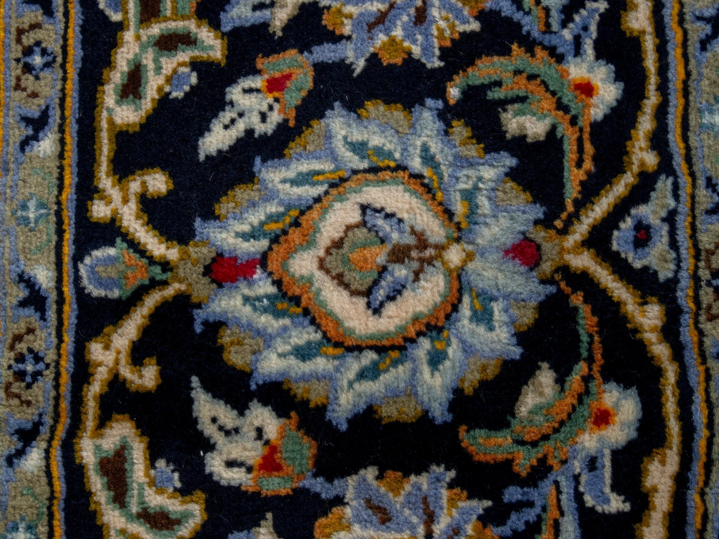 Persian Kashan oversized rug in navy and tan, view 12 of 20