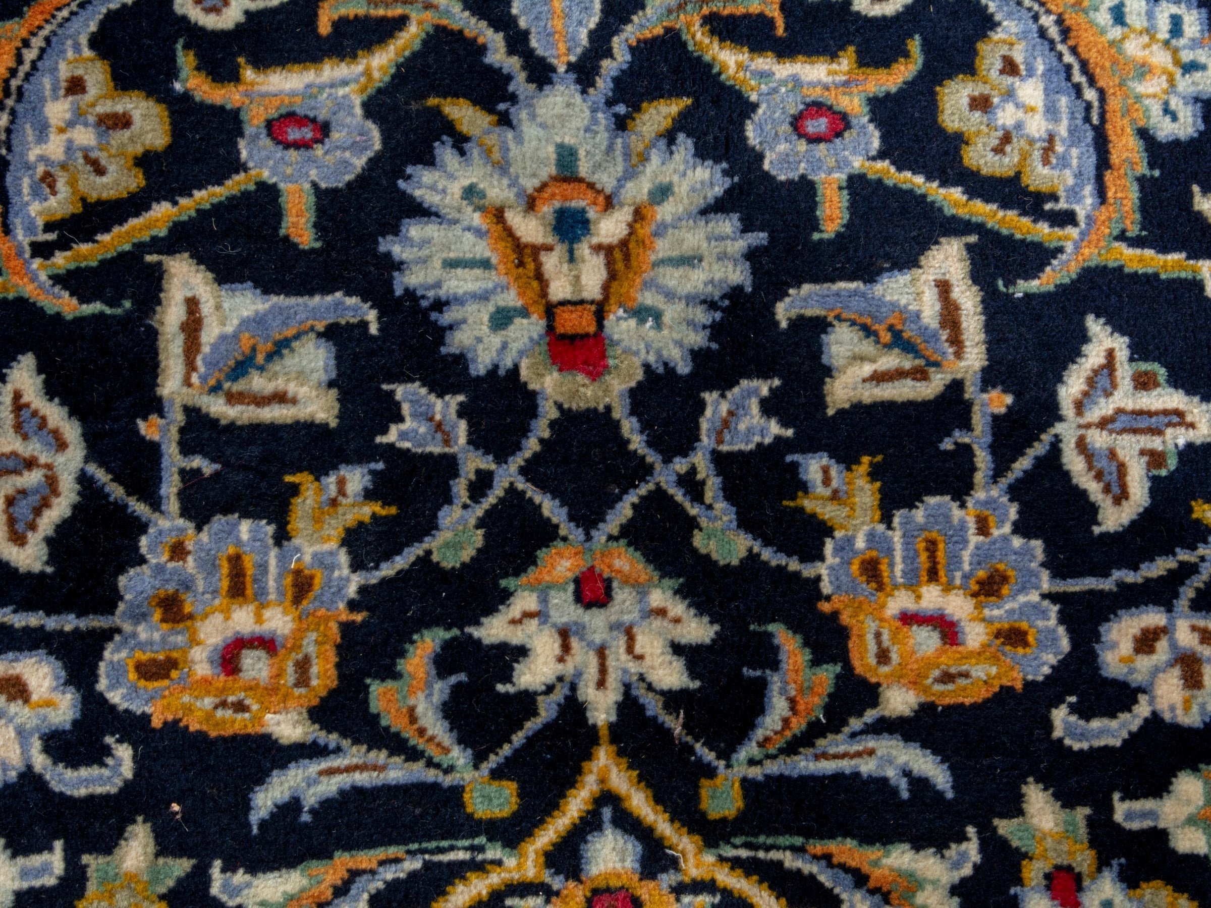 Persian Kashan oversized rug in navy and tan, view 13 of 20