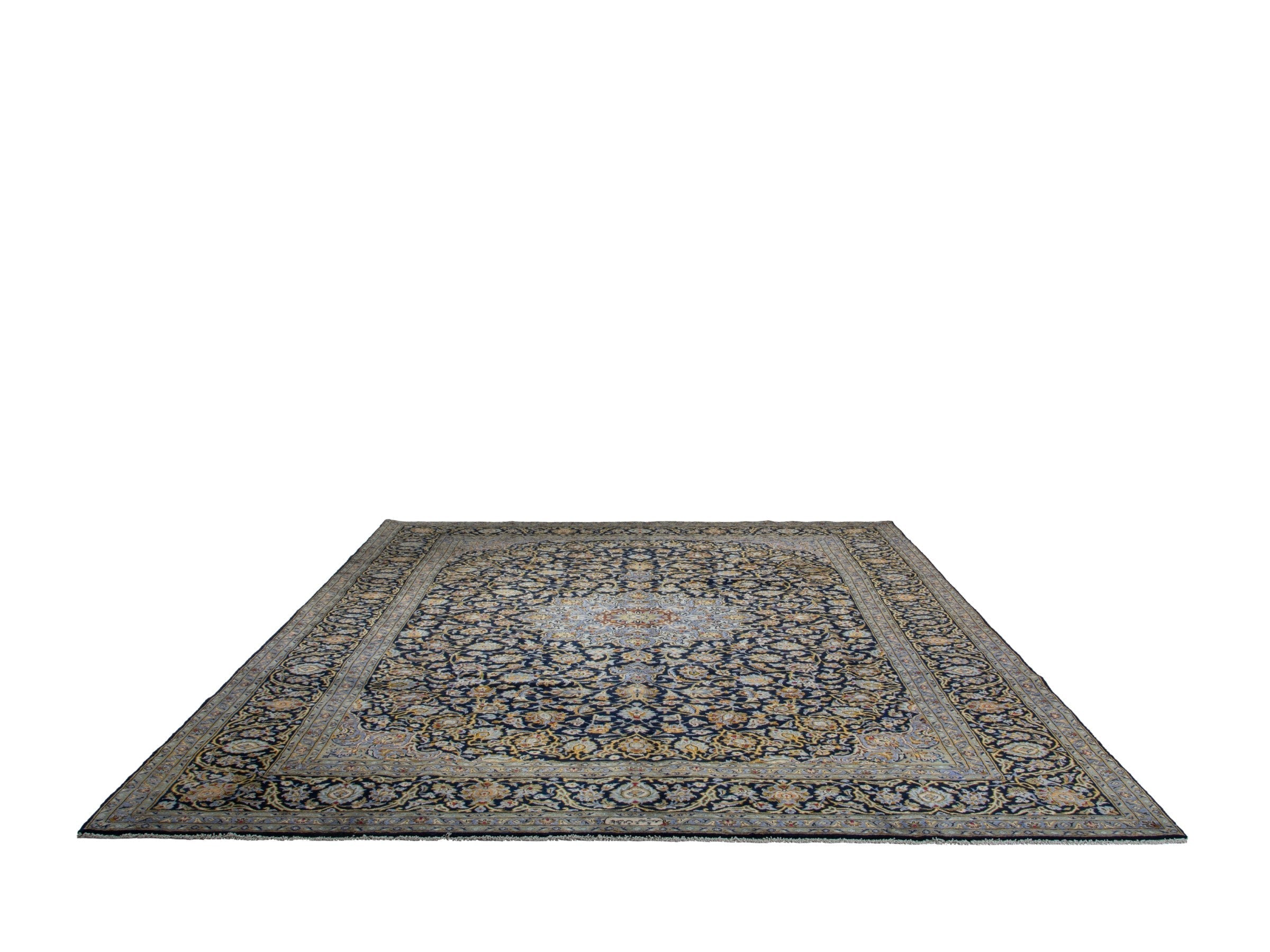 Persian Kashan oversized rug in navy and tan, view 2 of 20