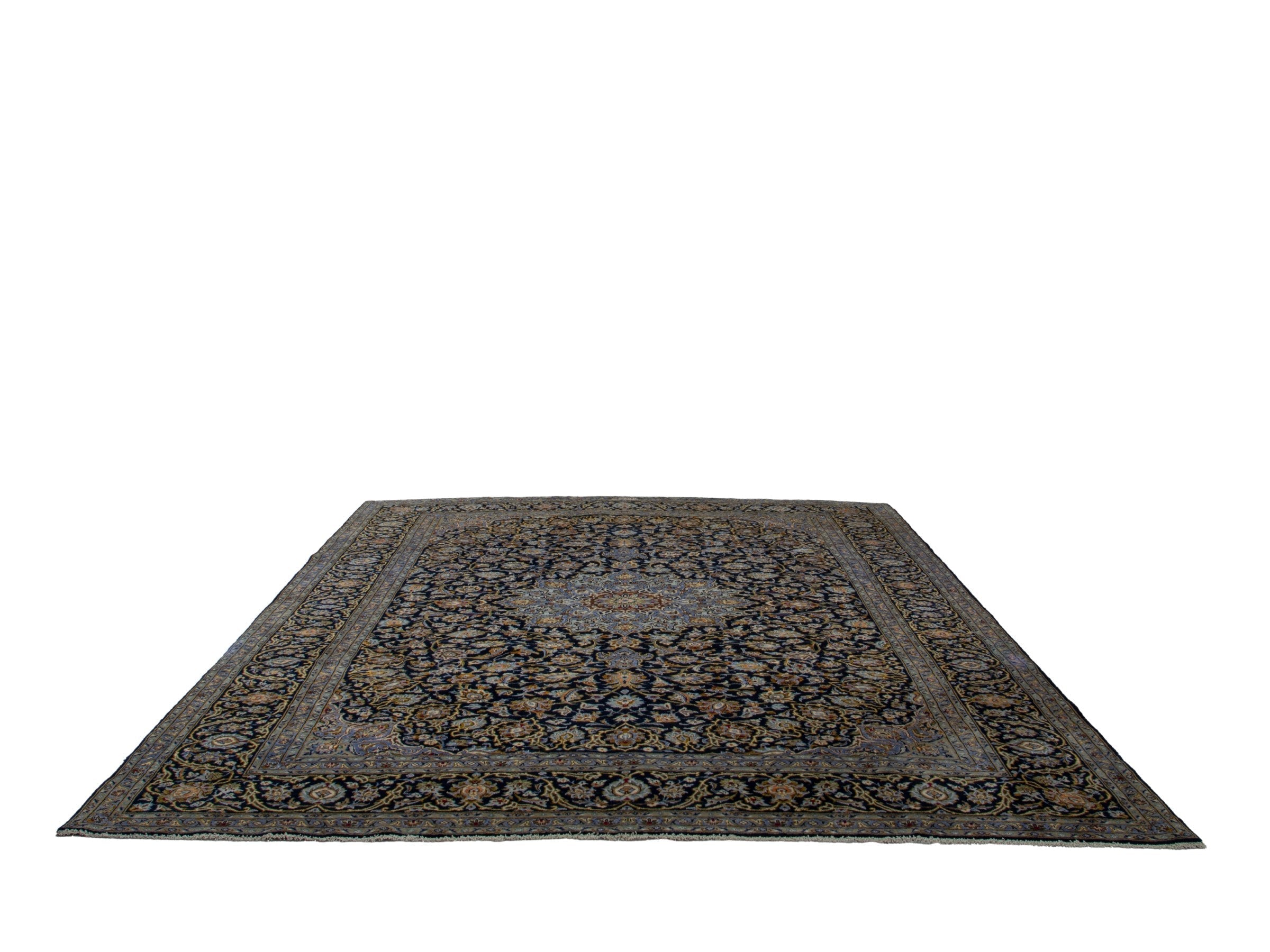 Persian Kashan oversized rug in navy and tan, view 3 of 20