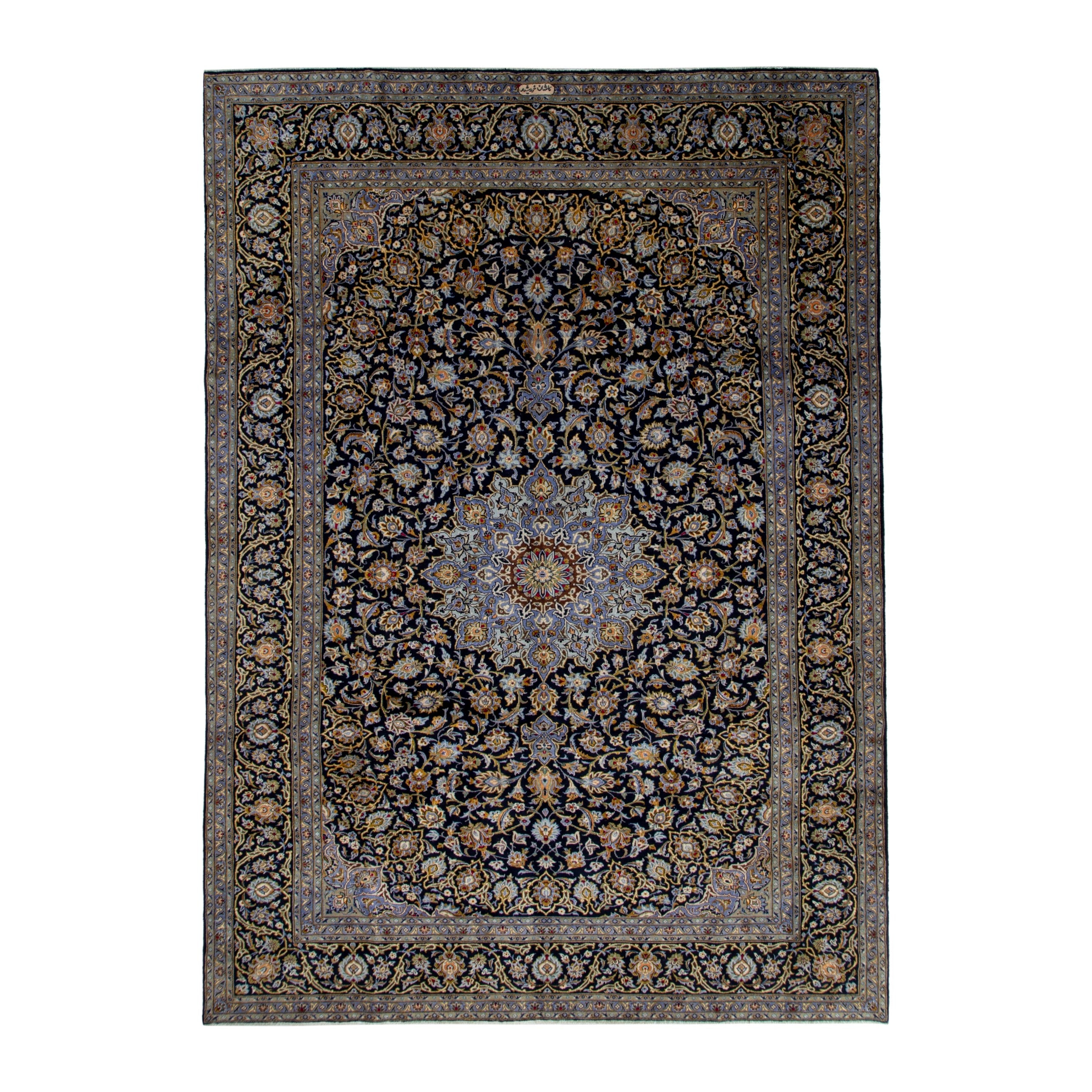 Persian Kashan oversized rug in navy and tan, 9'11" x 13'5"