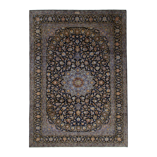 Persian Kashan oversized rug in navy and tan, 9'11" x 13'5"