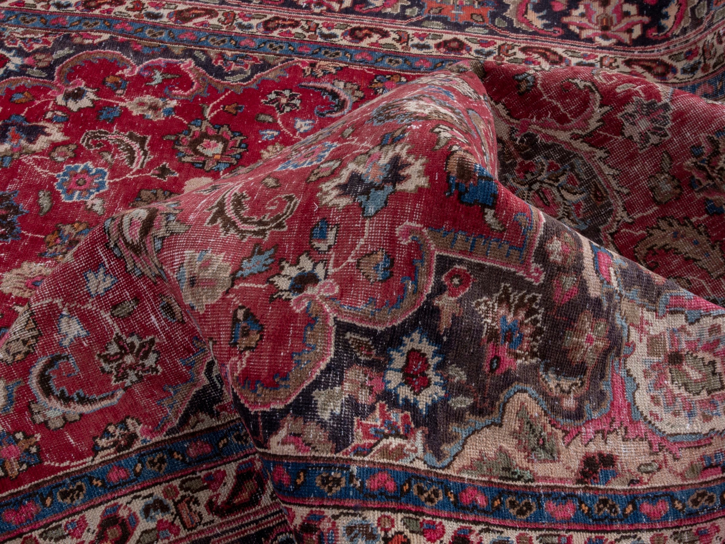 Persian Sabzevar oversized rug in deep red and navy, view 17 of 21