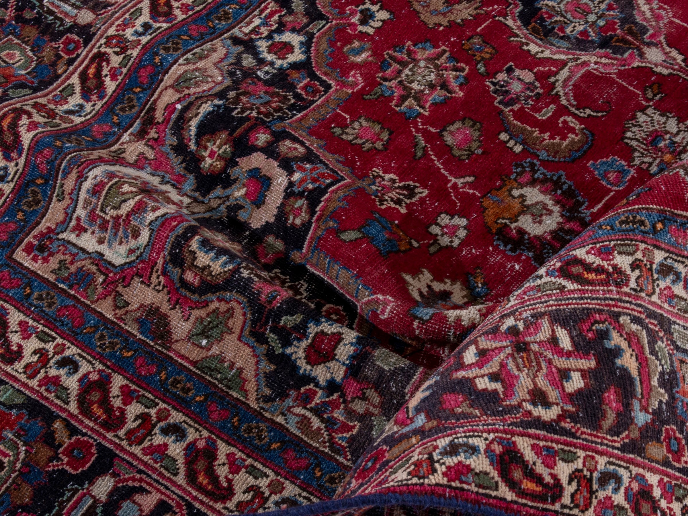 Persian Sabzevar oversized rug in deep red and navy, view 18 of 21