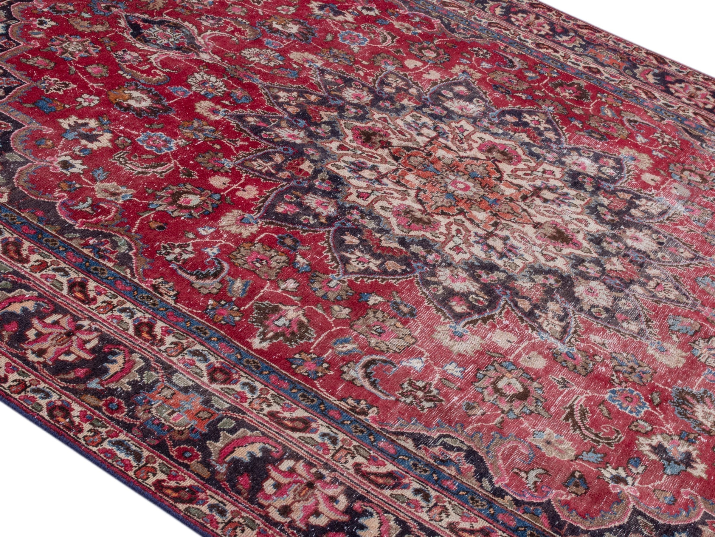 Persian Sabzevar oversized rug in deep red and navy, view 4 of 21