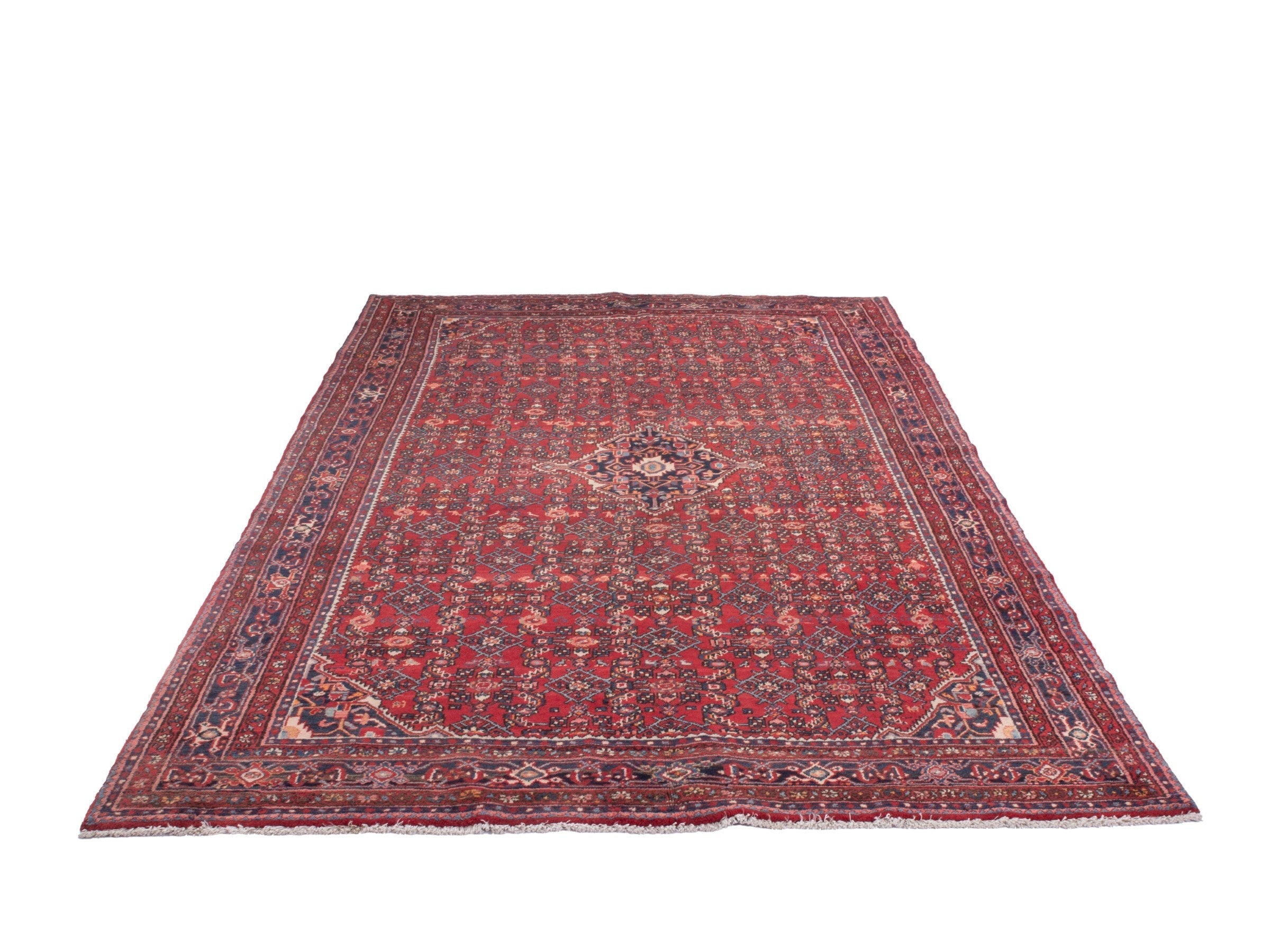 Persian Hosseinabad oversized rug in burgundy and navy, view 2 of 19