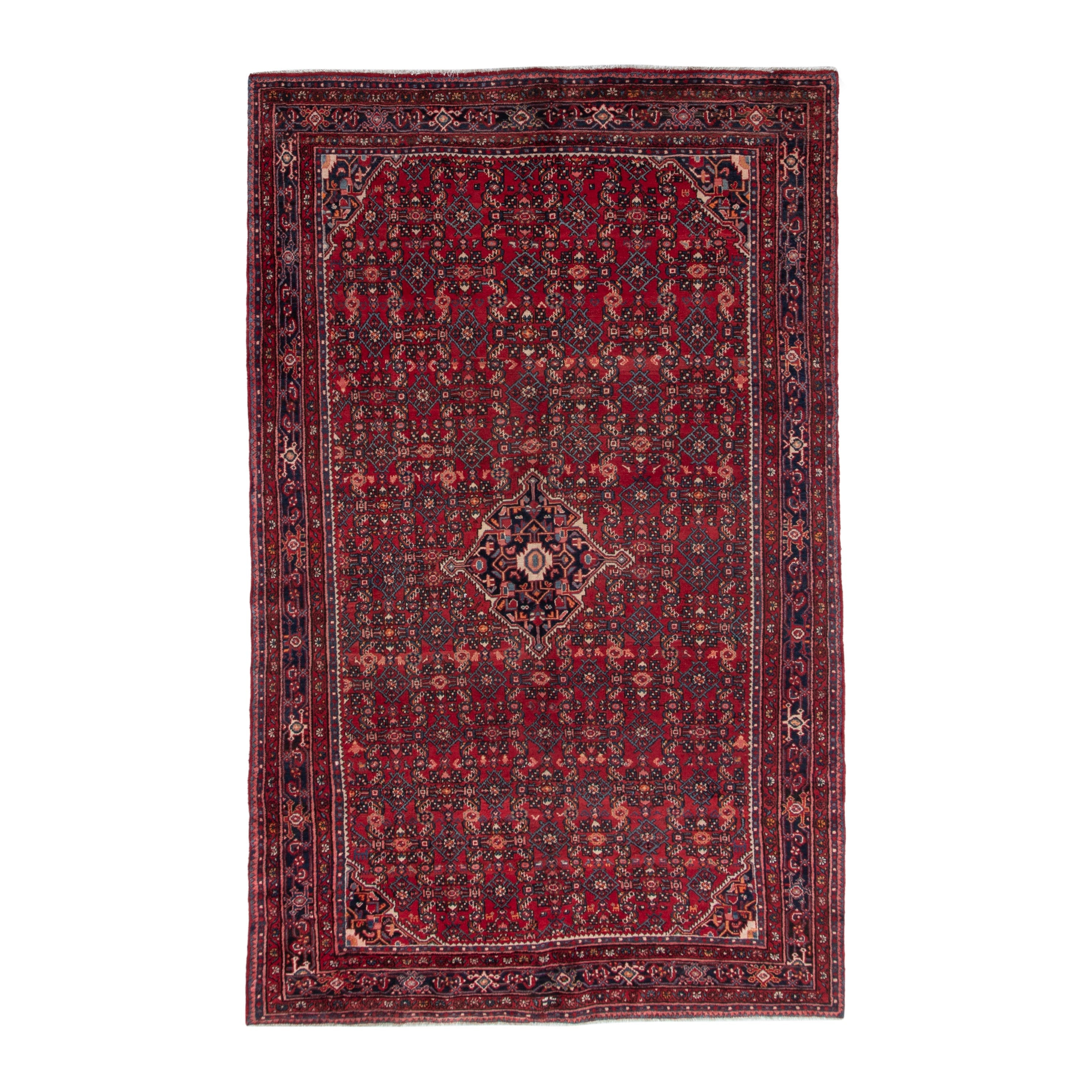 Persian Hosseinabad oversized rug in burgundy and navy, 6'9" x 10'10"