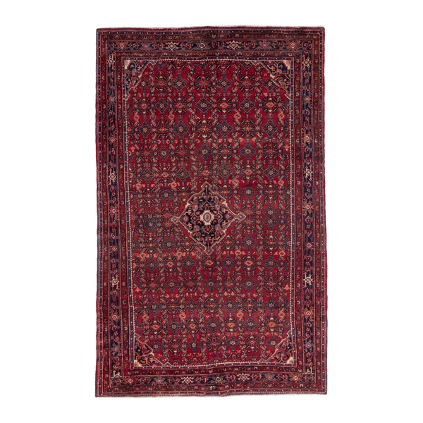 Persian Hossein Abad oversized rug in burgundy and navy, 6'9" x 10'10"