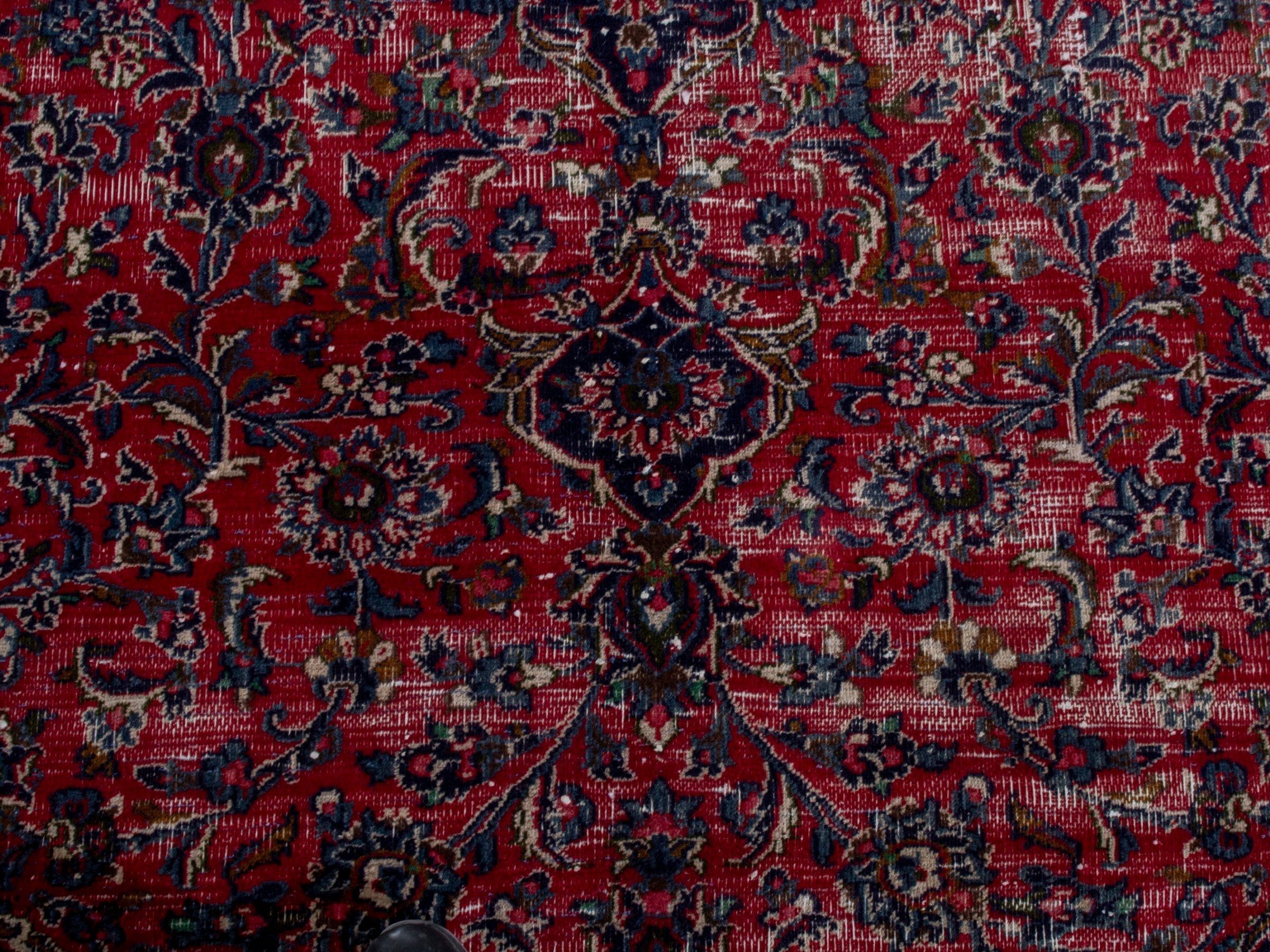 Persian Mashhad oversized rug in burgundy and navy, view 12 of 22