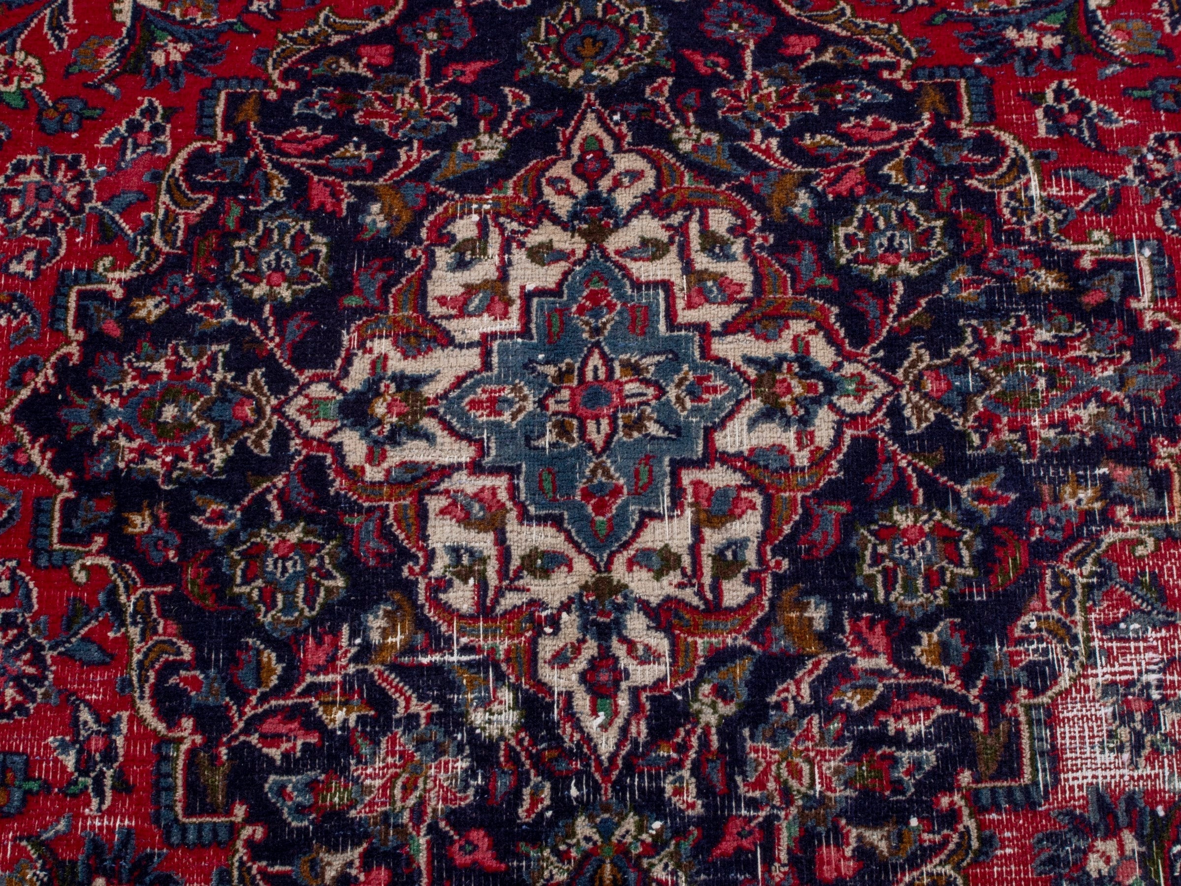 Persian Mashhad oversized rug in burgundy and navy, view 13 of 22