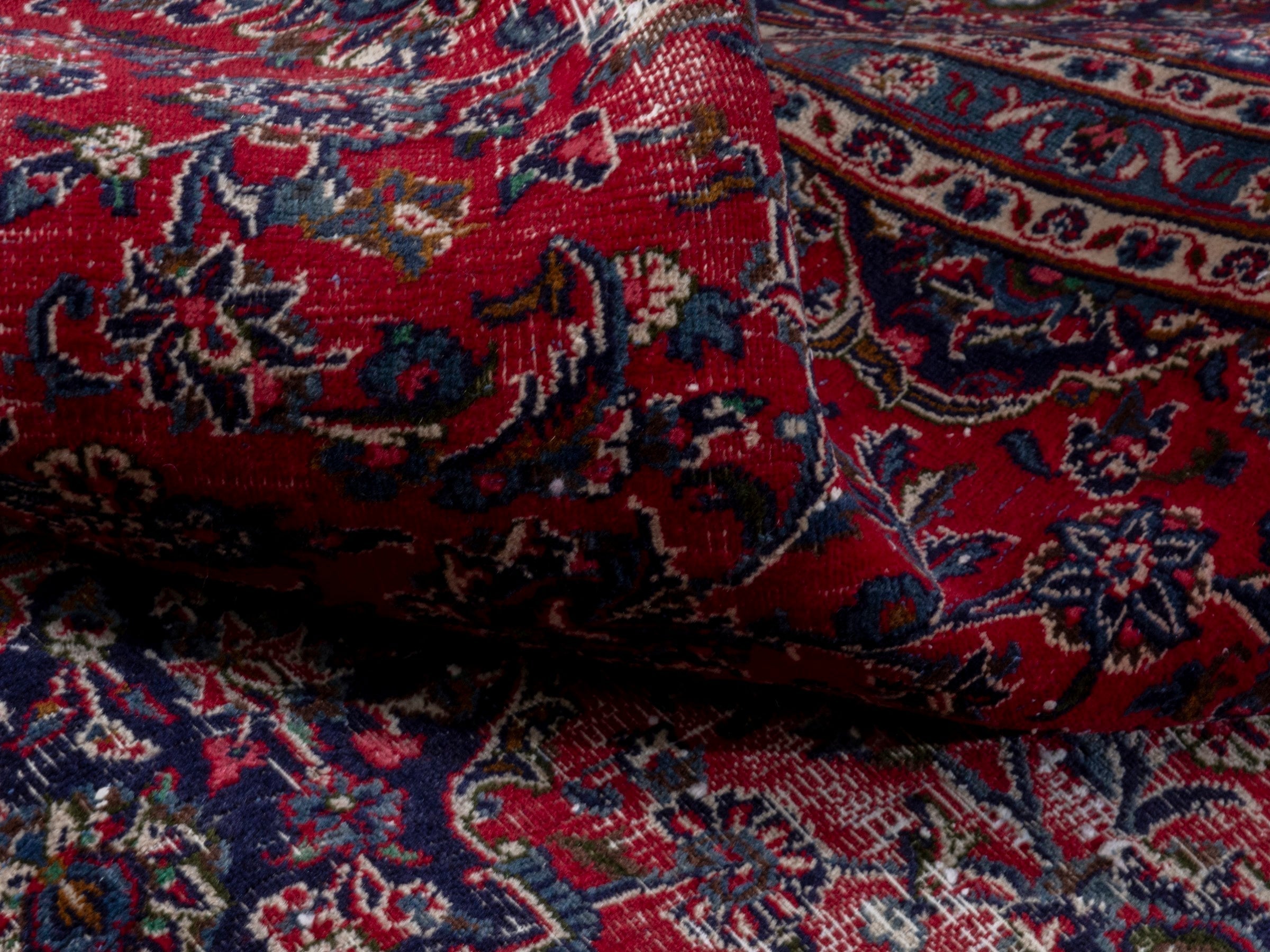 Persian Mashhad oversized rug in burgundy and navy, view 17 of 22