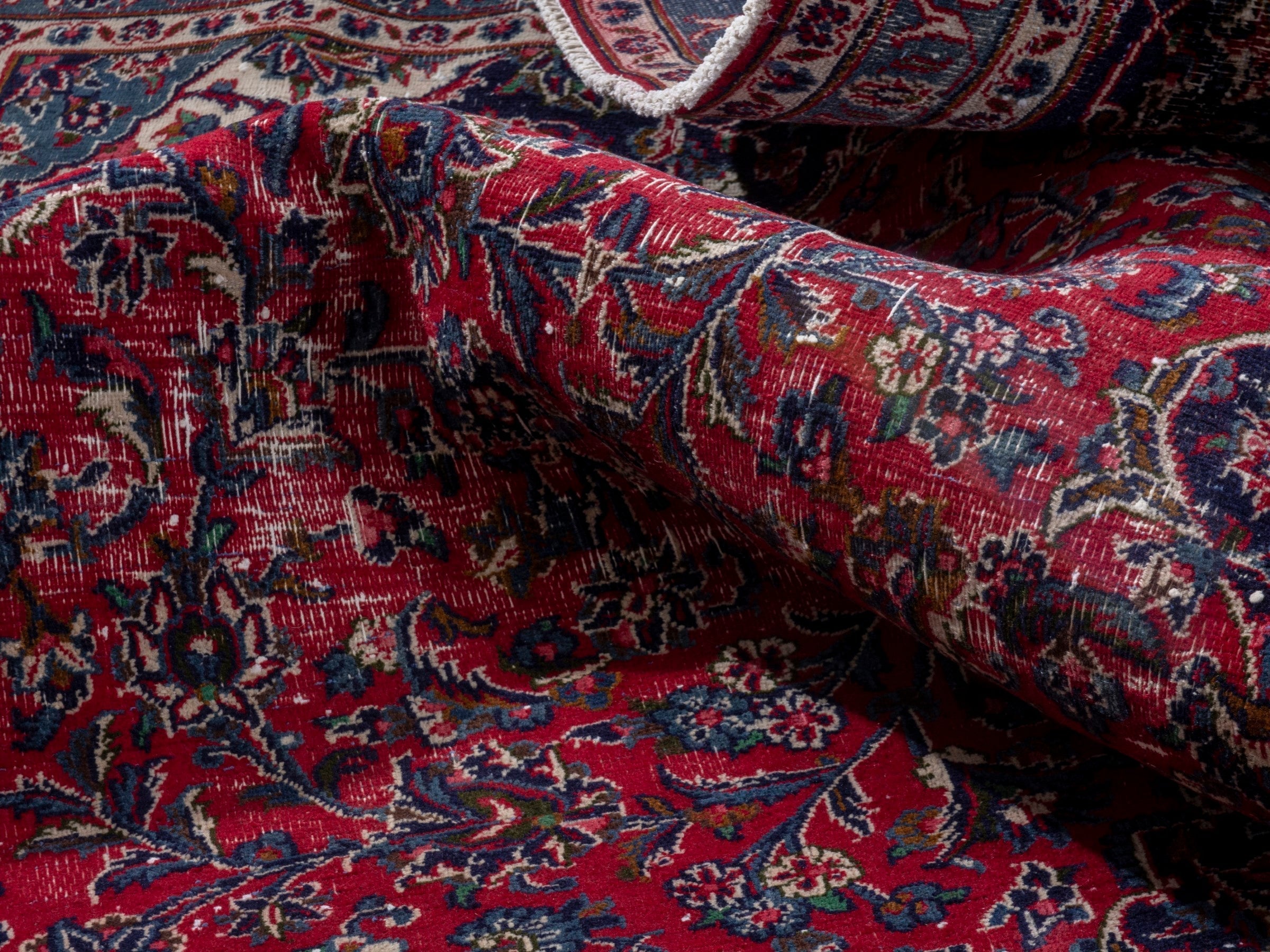 Persian Mashhad oversized rug in burgundy and navy, view 18 of 22