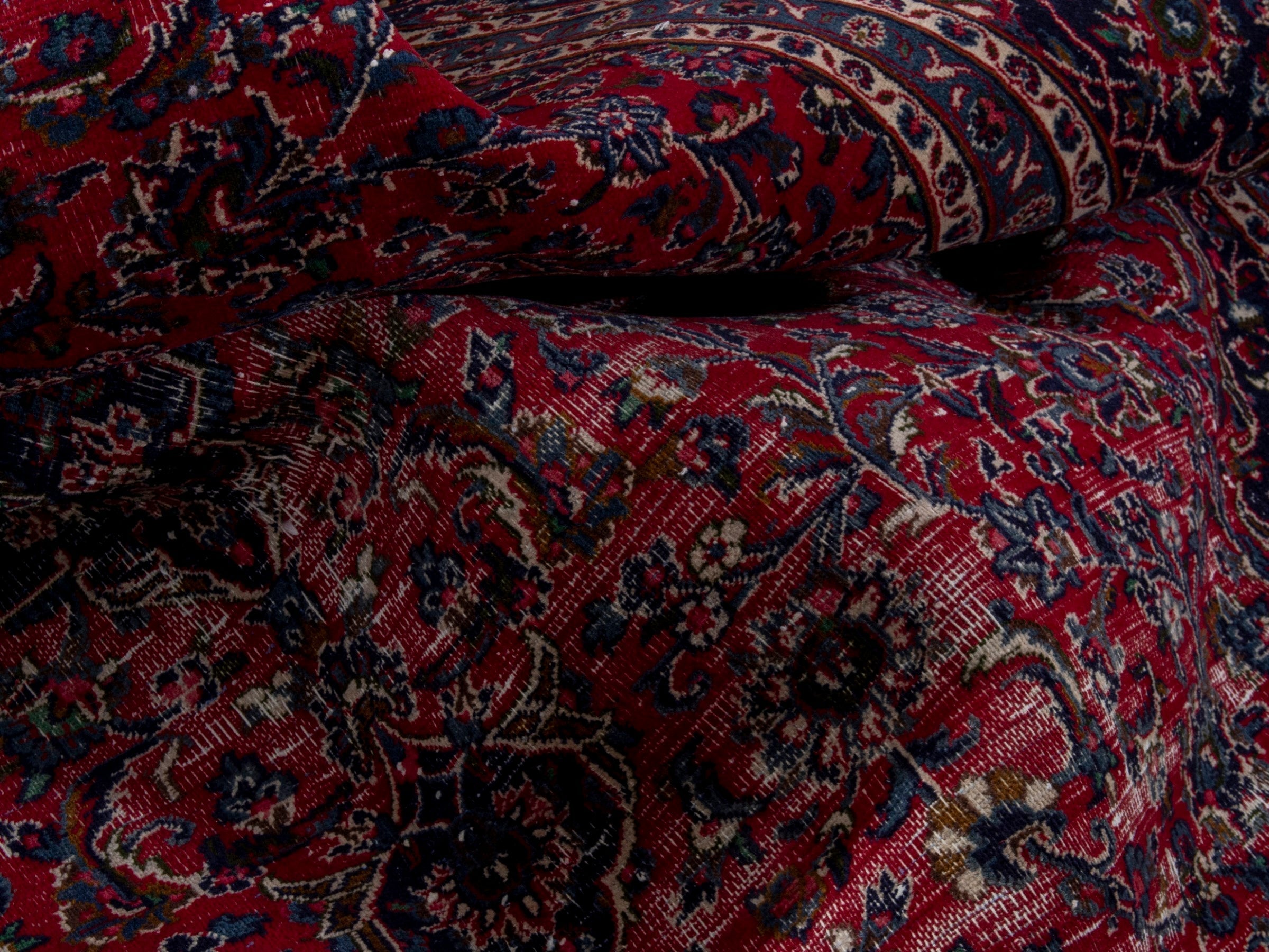 Persian Mashhad oversized rug in burgundy and navy, view 19 of 22