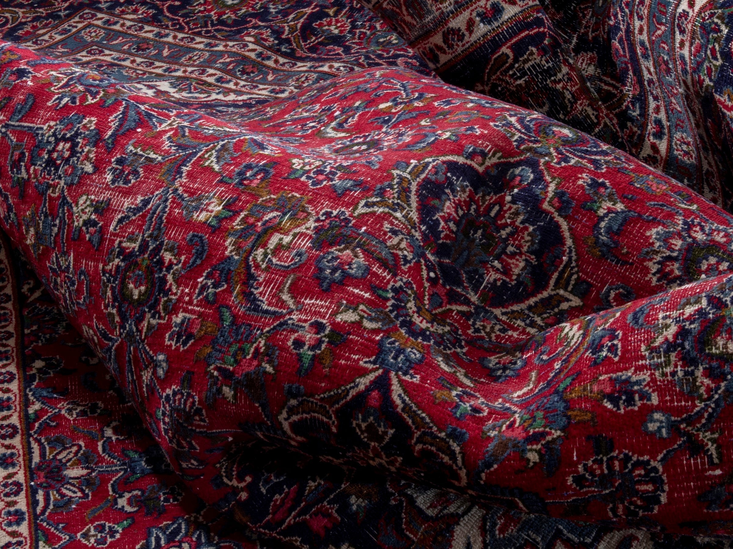Persian Mashhad oversized rug in burgundy and navy, view 20 of 22