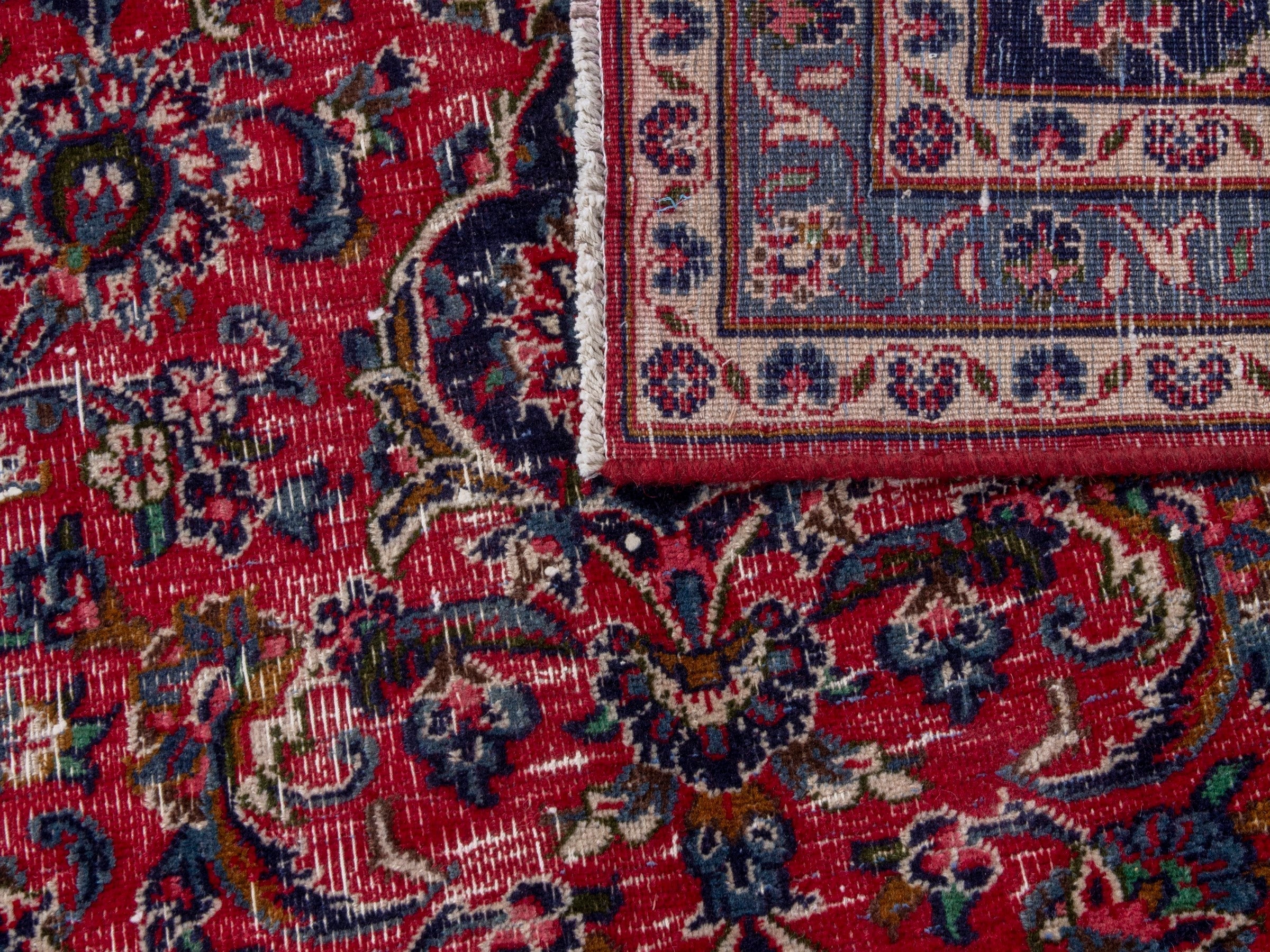 Persian Mashhad oversized rug in burgundy and navy, view 22 of 22