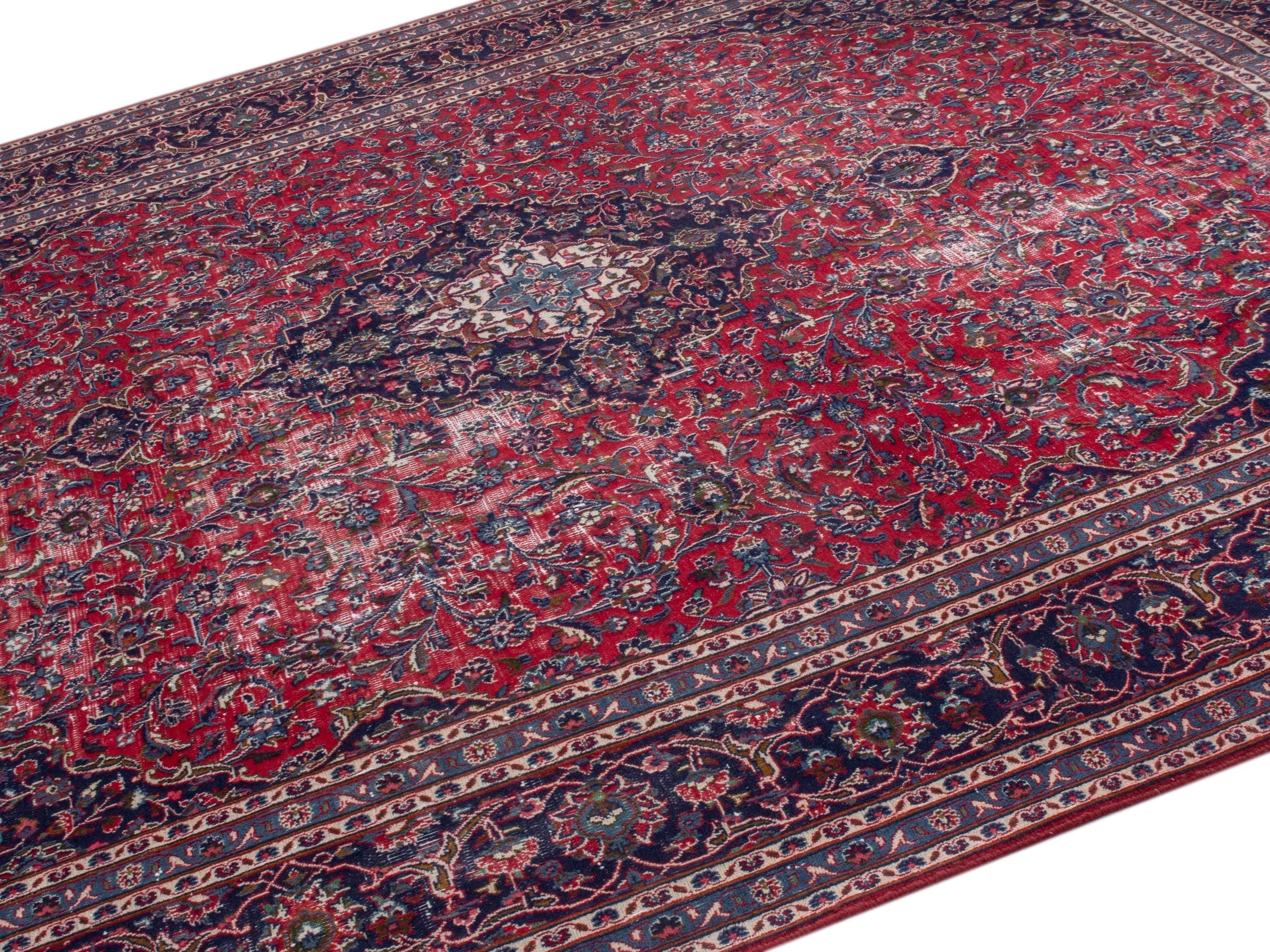 Persian Mashhad oversized rug in burgundy and navy, view 4 of 22