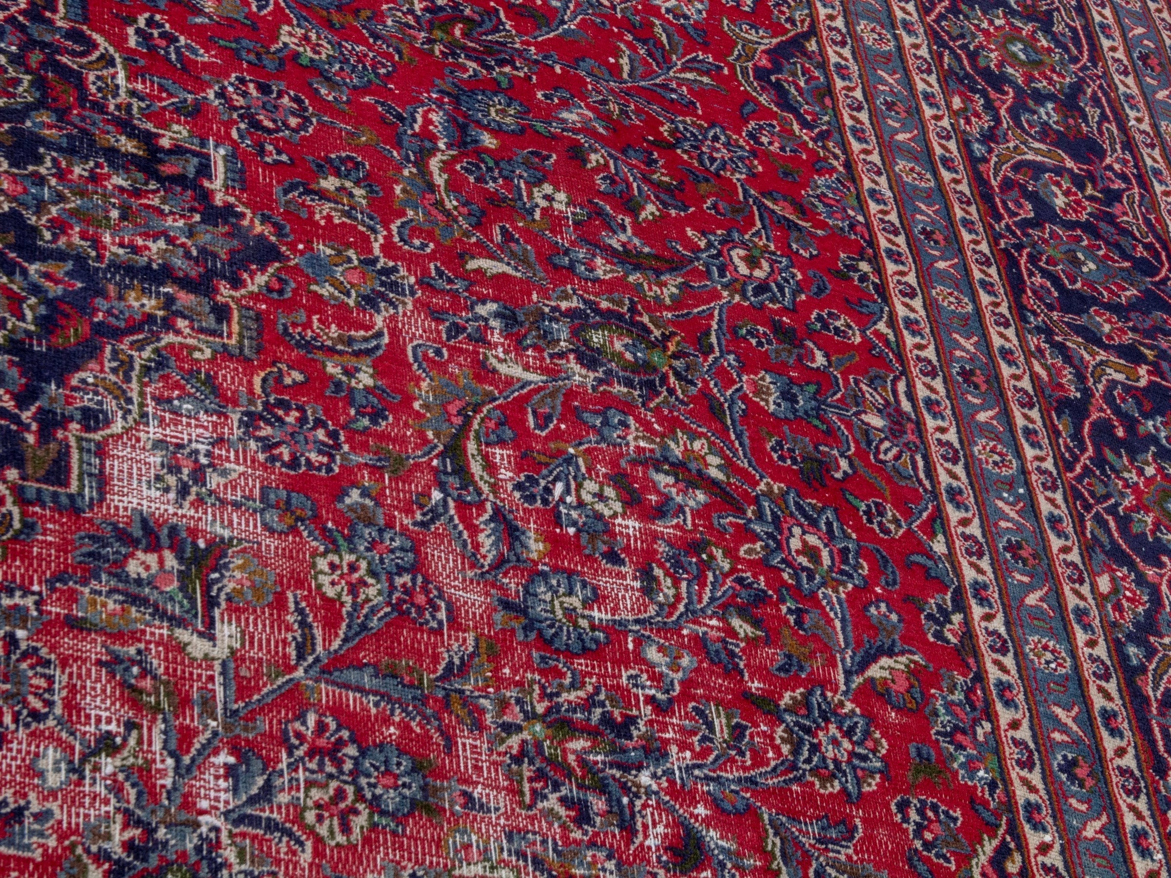 Persian Mashhad oversized rug in burgundy and navy, view 9 of 22