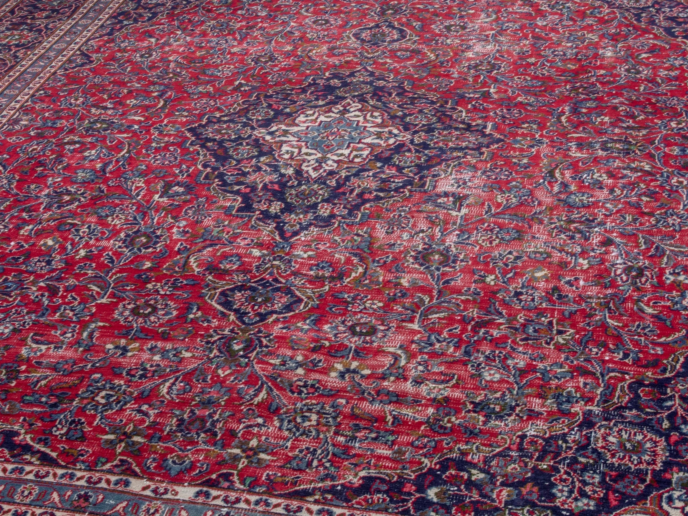 Persian Mashhad oversized rug in burgundy and navy, view 7 of 22