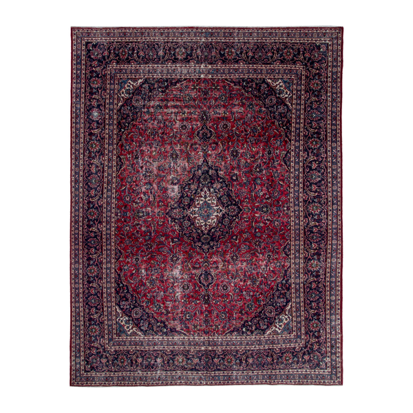 Persian Mashhad oversized rug in burgundy and navy, 9'10" x 12'6"
