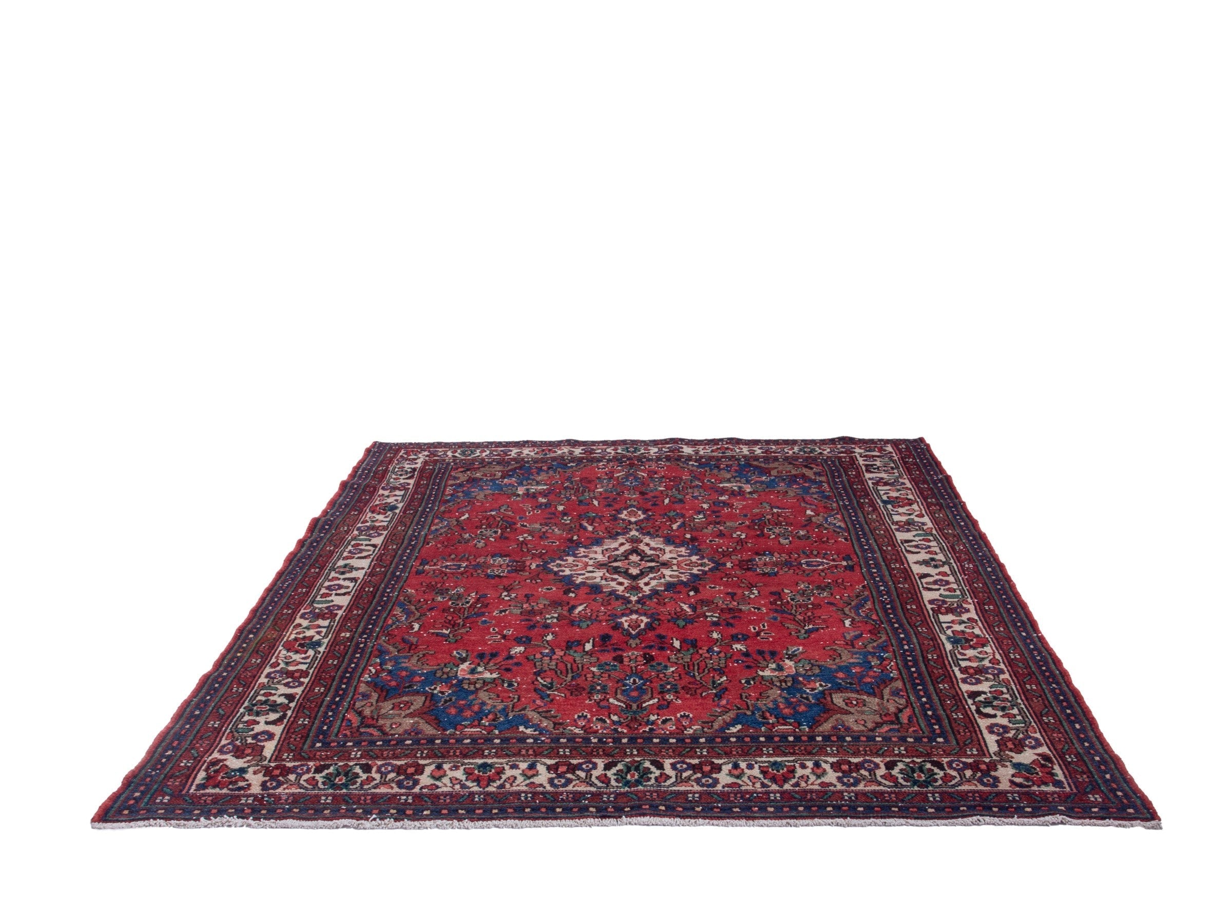 Persian Hamedan area rug in deep red and cream, view 2 of 20