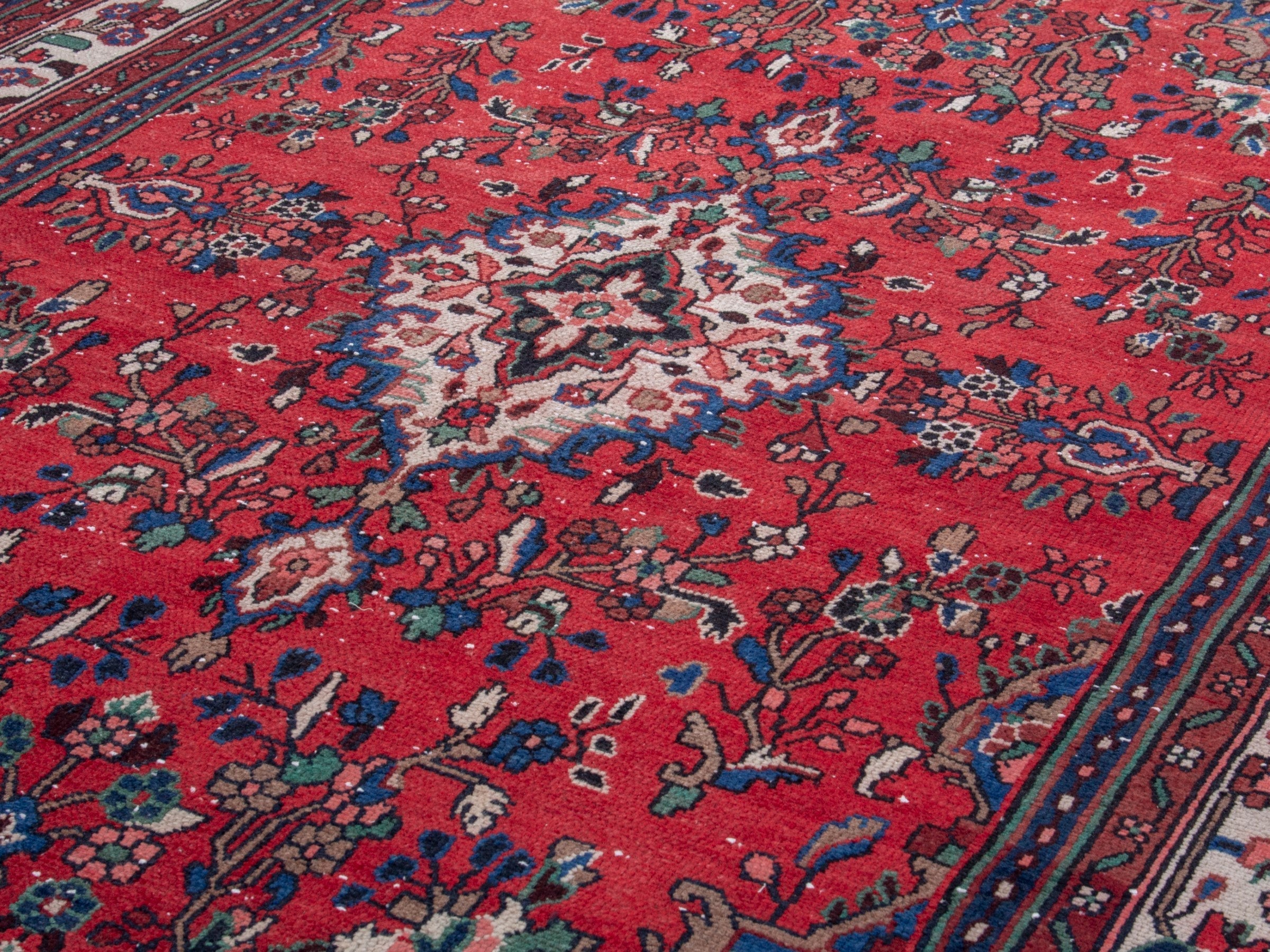Persian Hamedan area rug in deep red and cream, view 7 of 20