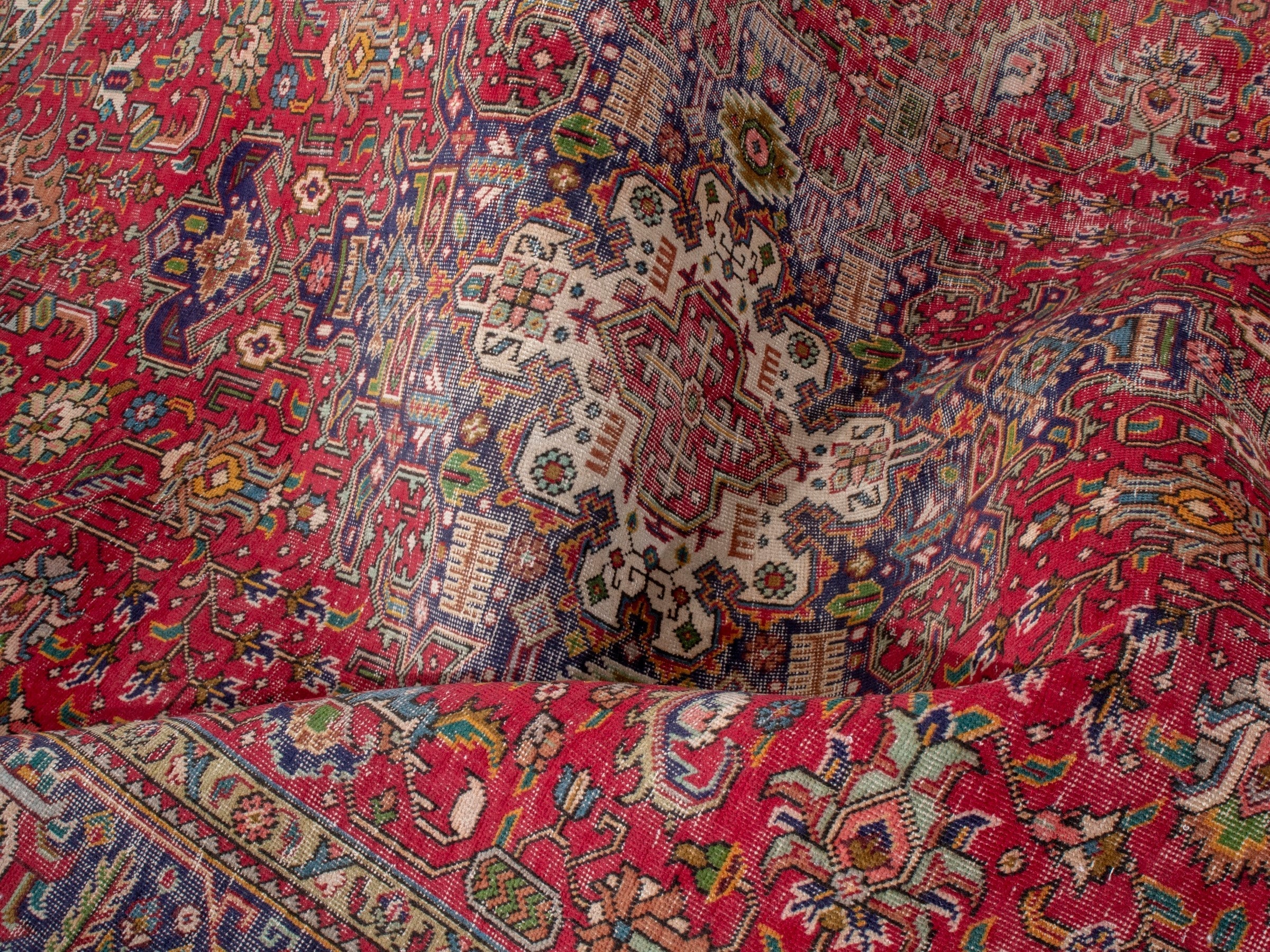 Persian Tabriz oversized rug in deep red and navy, view 25 of 26