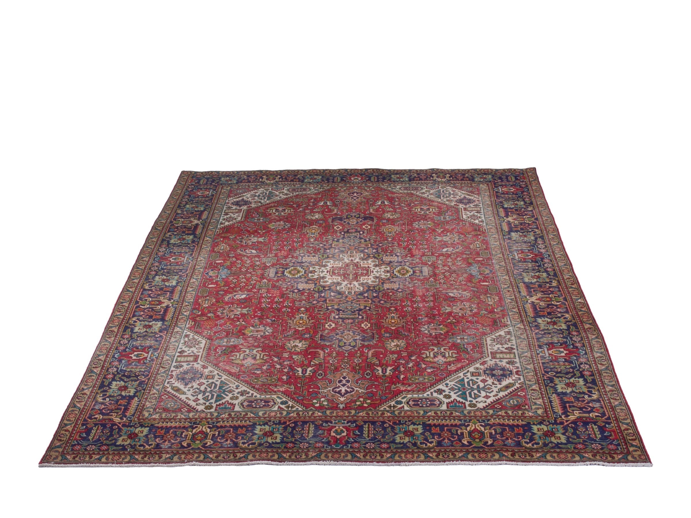 Persian Tabriz oversized rug in deep red and navy, view 2 of 26