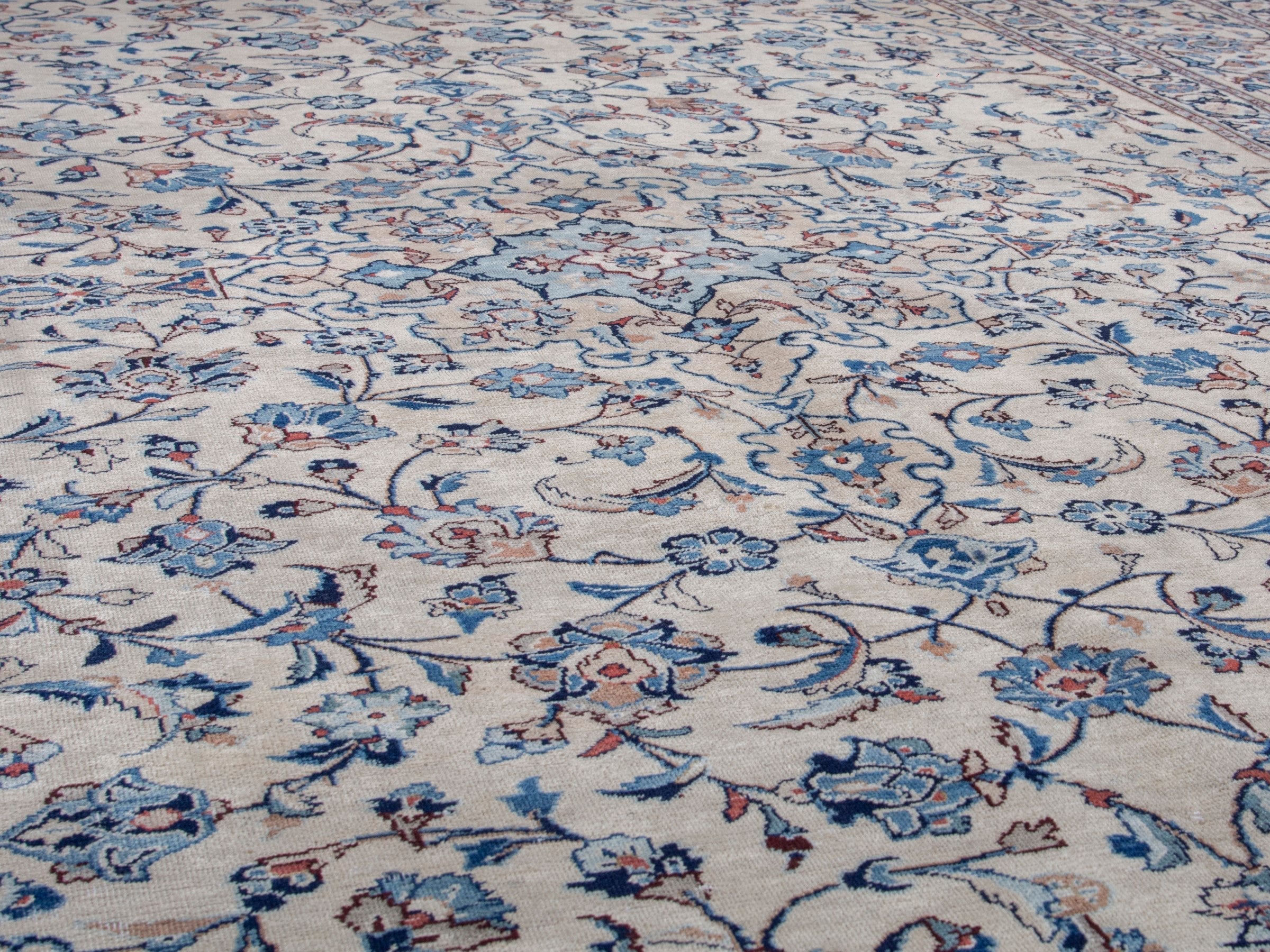 Persian Kashan oversized rug in cream and denim, view 8 of 18