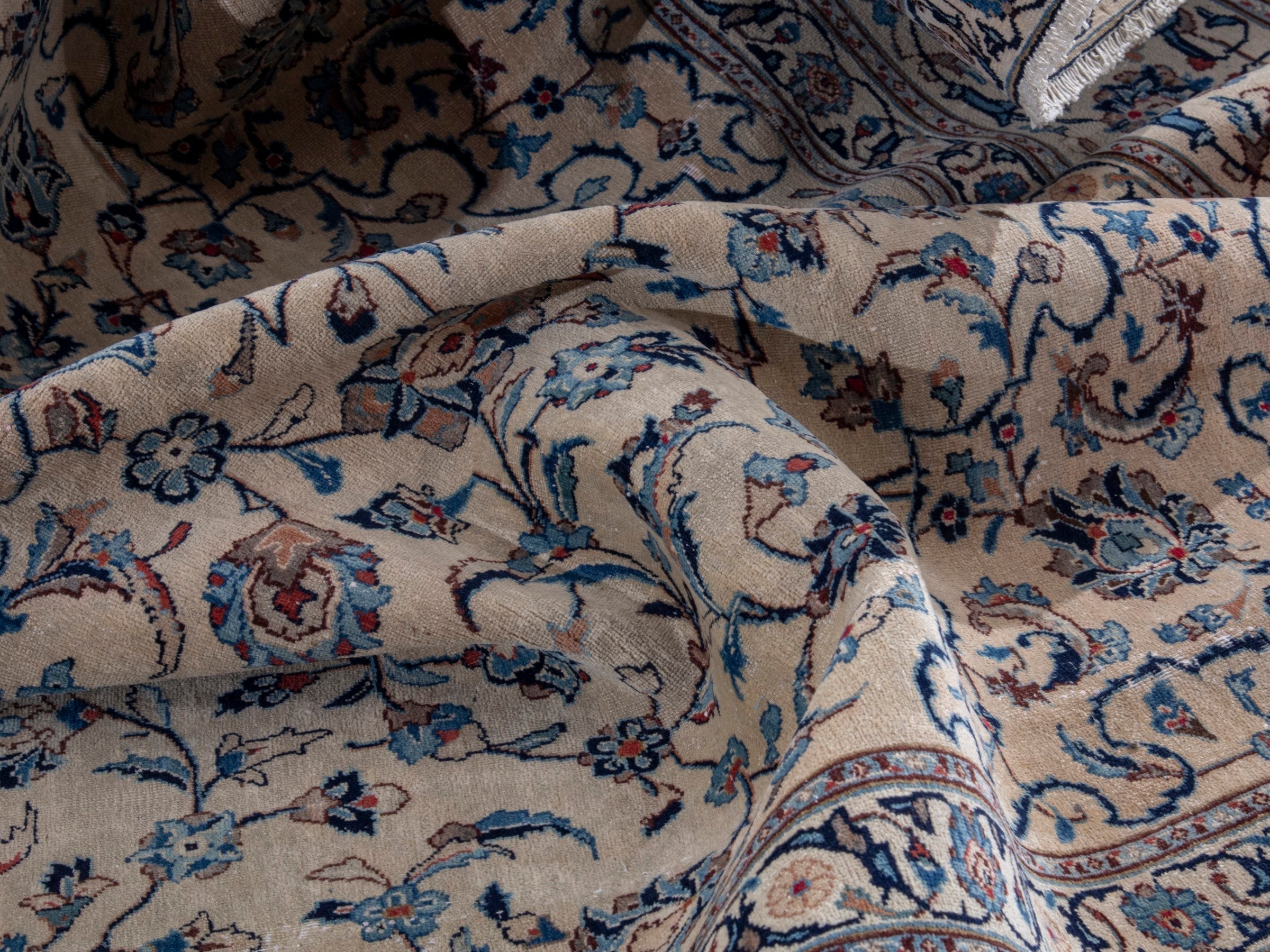 Persian Kashan oversized rug in cream and denim, view 15 of 18