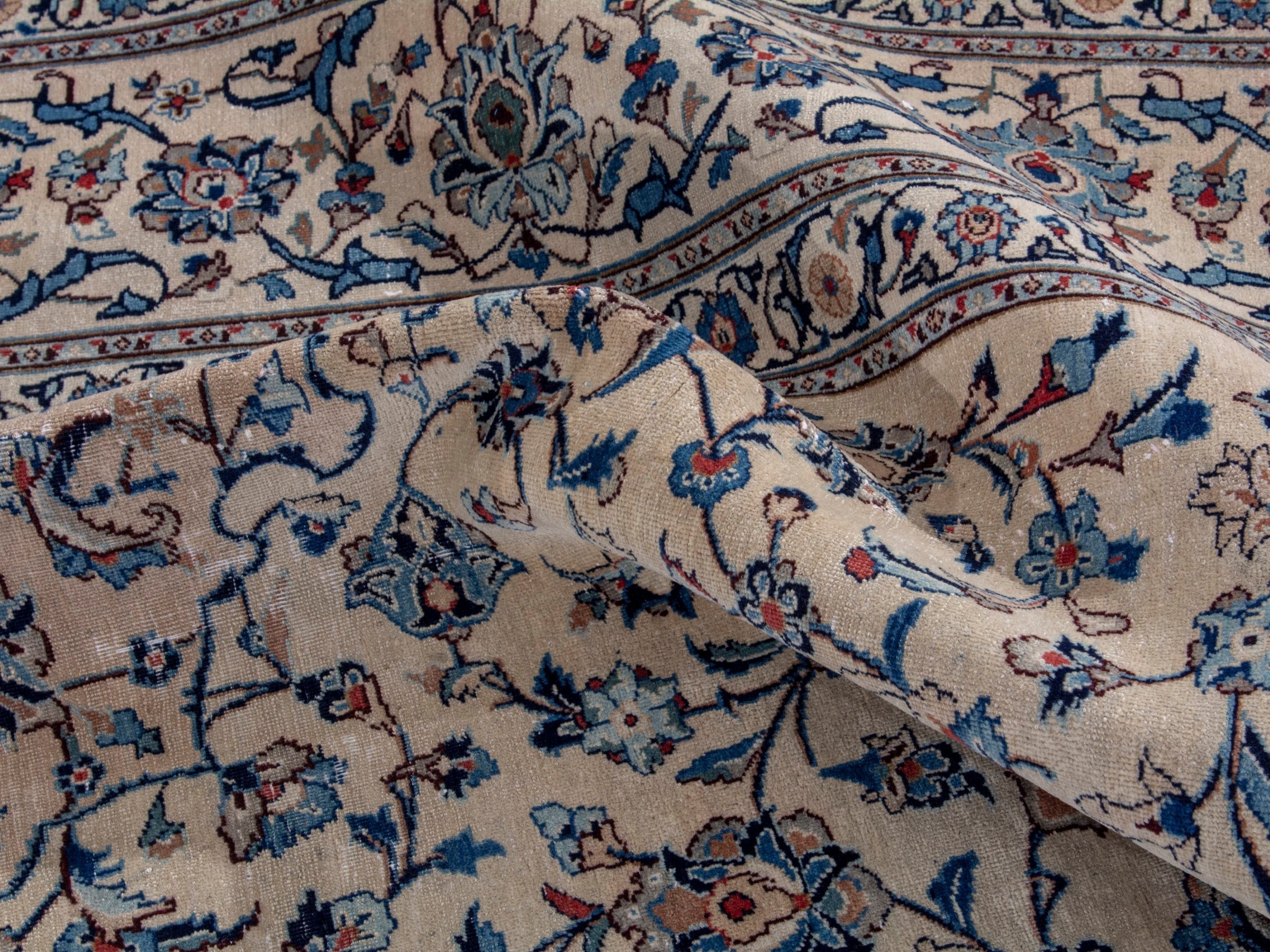 Persian Kashan oversized rug in cream and denim, view 16 of 18