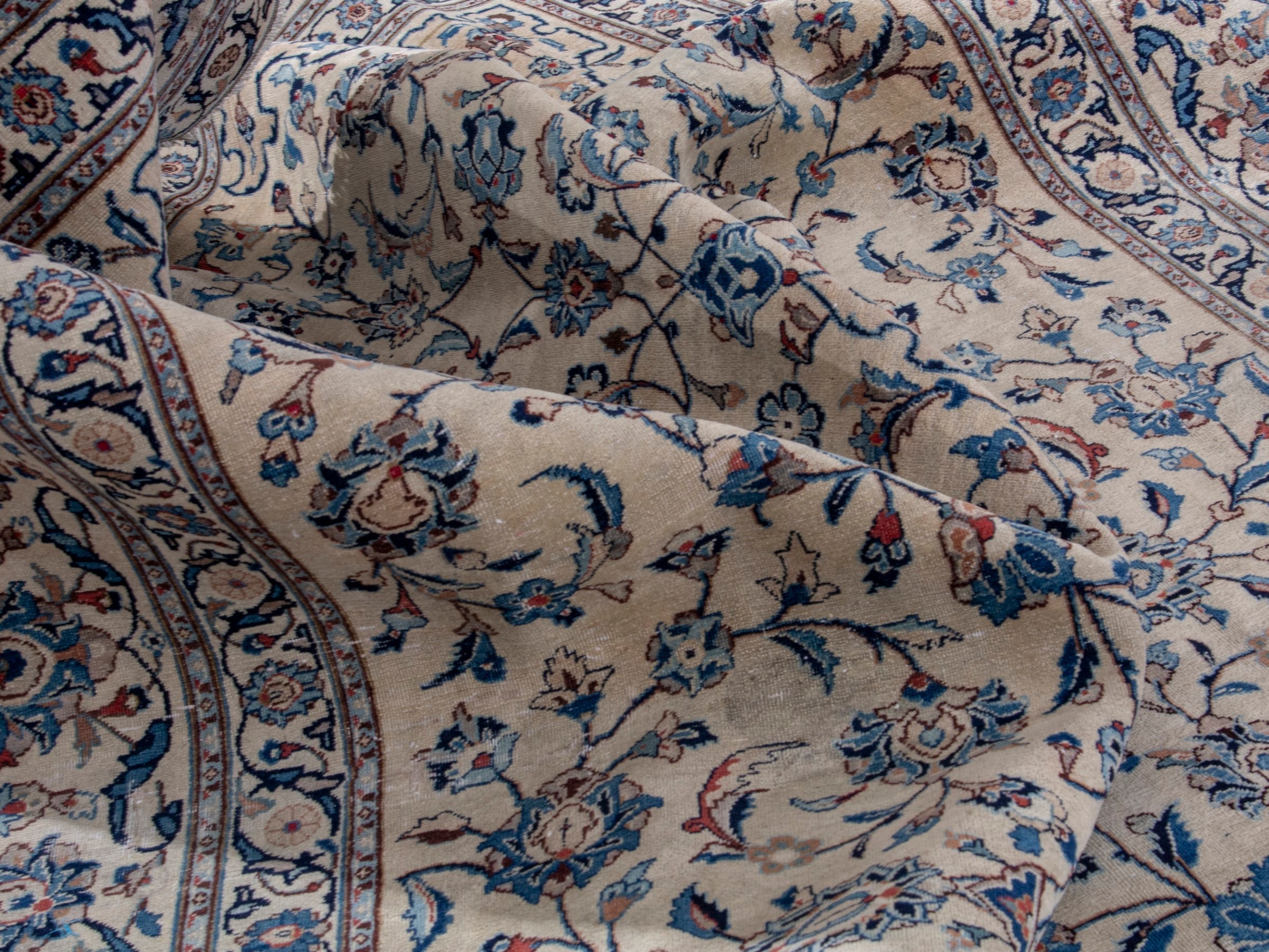 Persian Kashan oversized rug in cream and denim, view 17 of 18