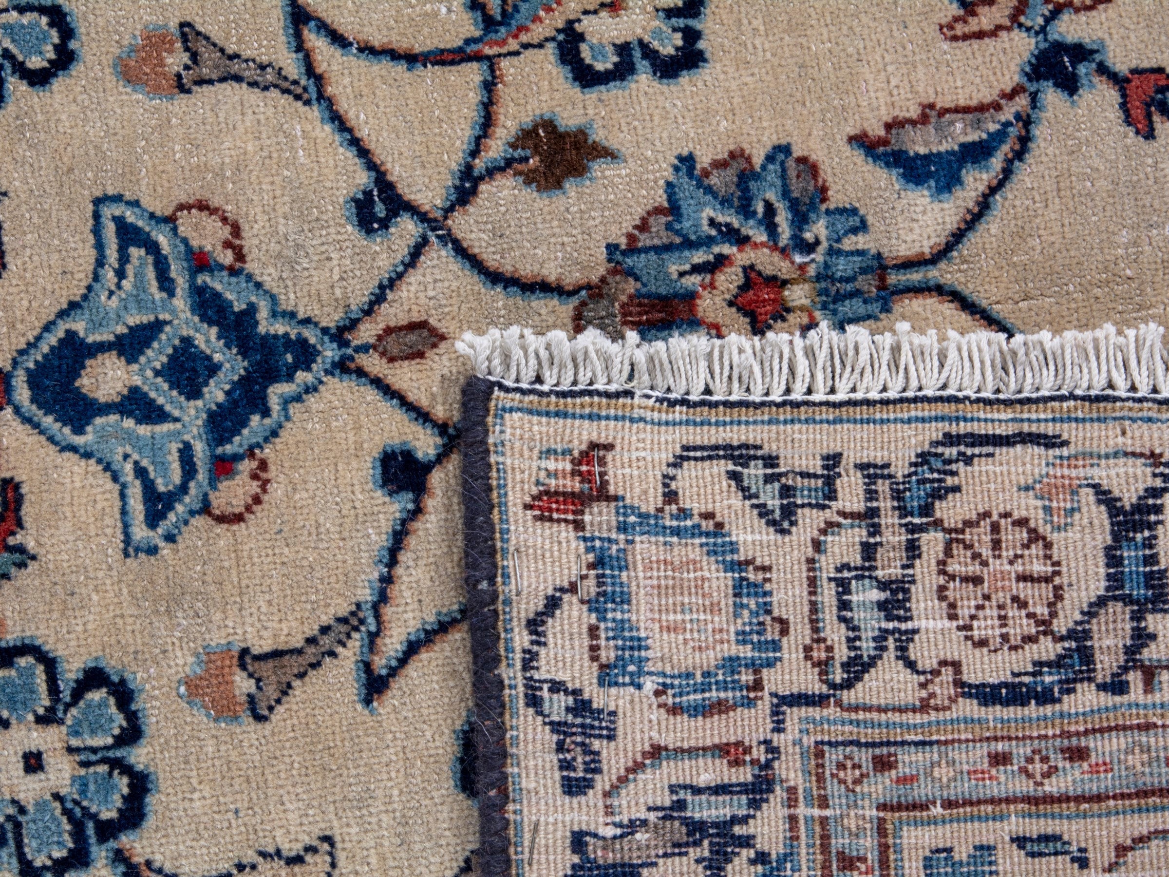 Persian Kashan oversized rug in cream and denim, view 18 of 18