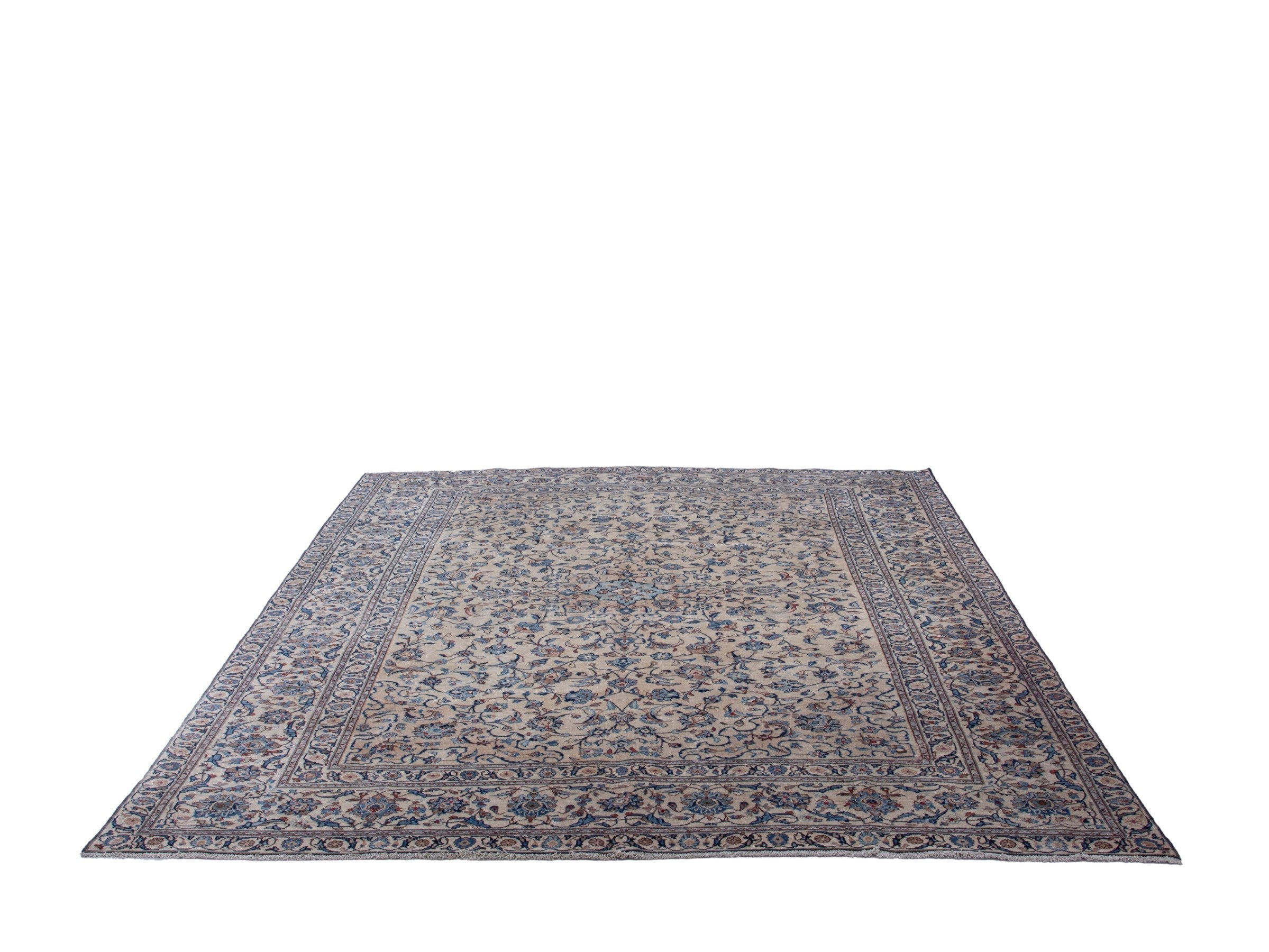 Persian Kashan oversized rug in cream and denim, view 2 of 18