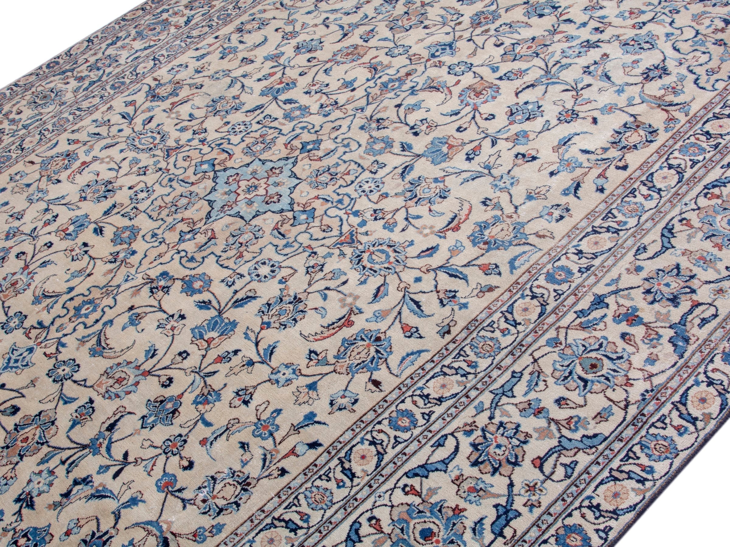 Persian Kashan oversized rug in cream and denim, view 4 of 18