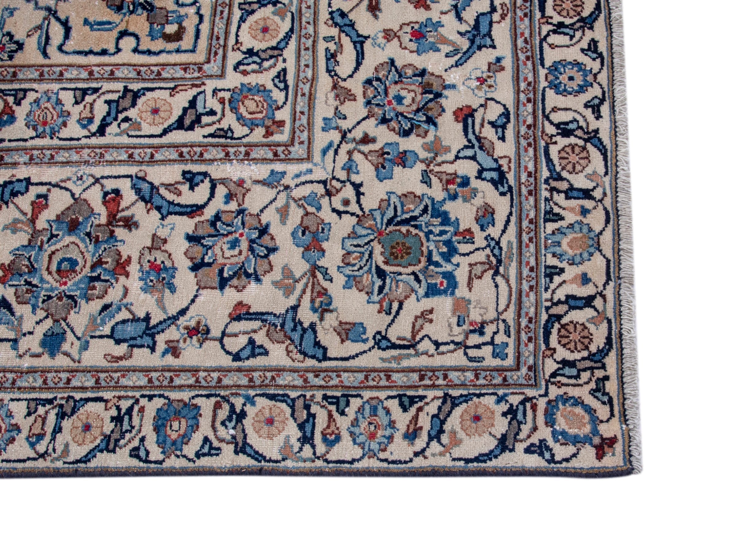 Persian Kashan oversized rug in cream and denim, view 10 of 18