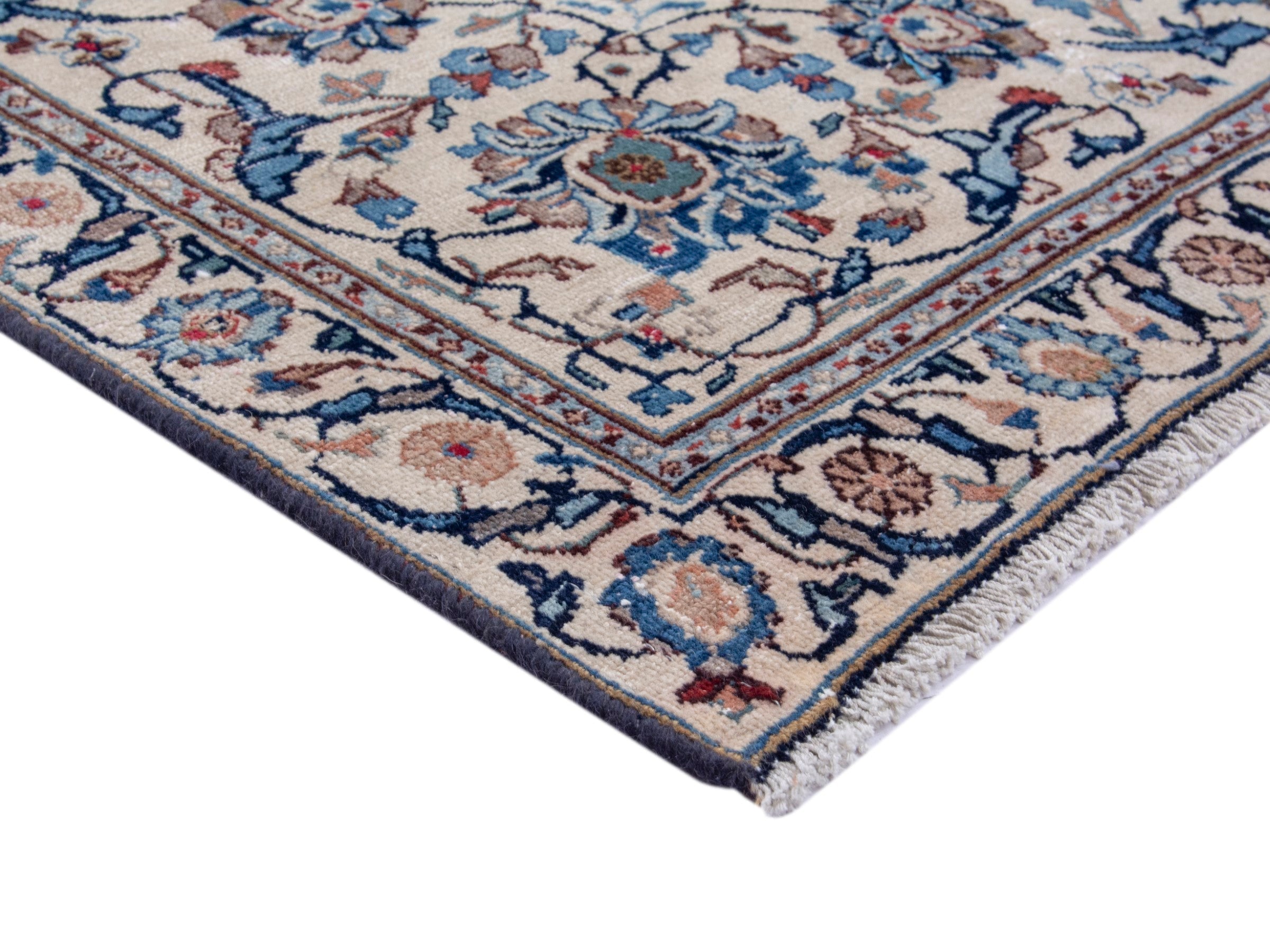 Persian Kashan oversized rug in cream and denim, view 5 of 18