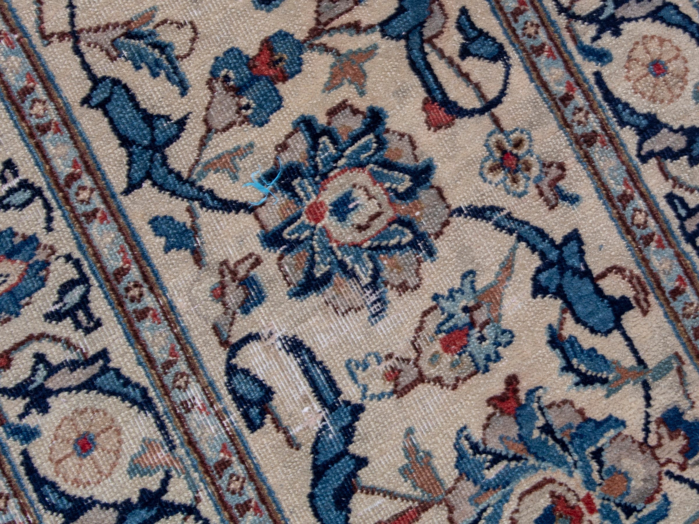 Persian Kashan oversized rug in cream and denim, view 9 of 18