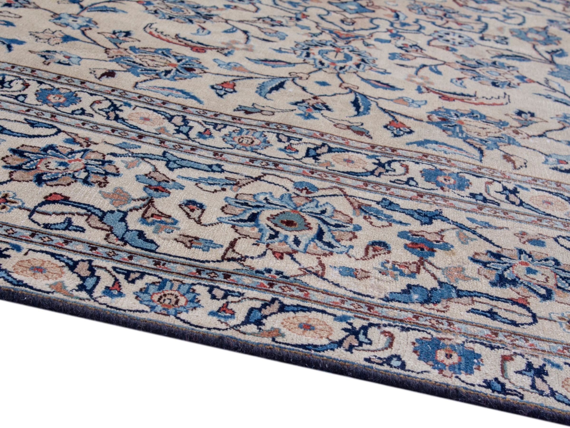 Persian Kashan oversized rug in cream and denim, view 6 of 18