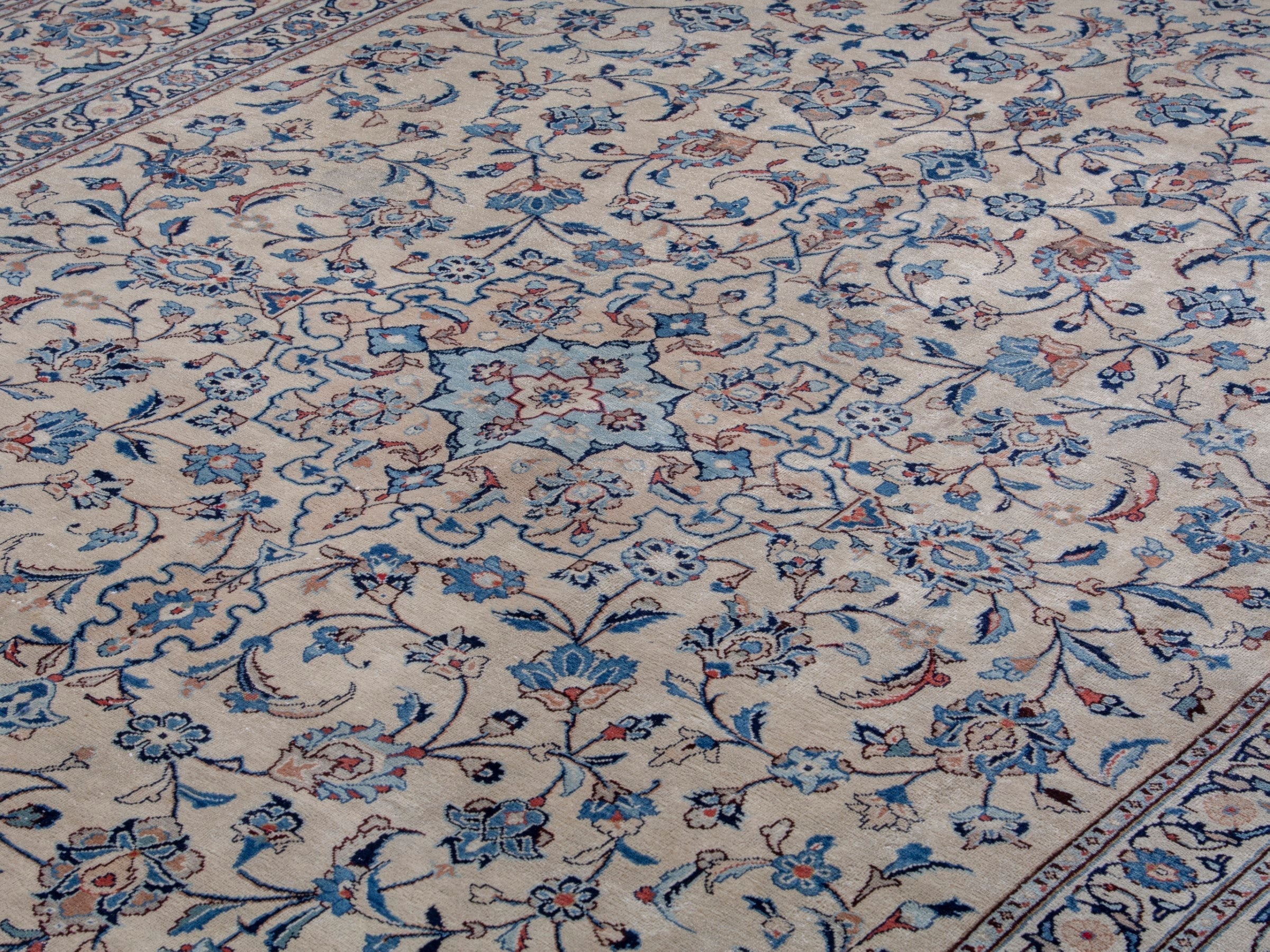 Persian Kashan oversized rug in cream and denim, view 7 of 18