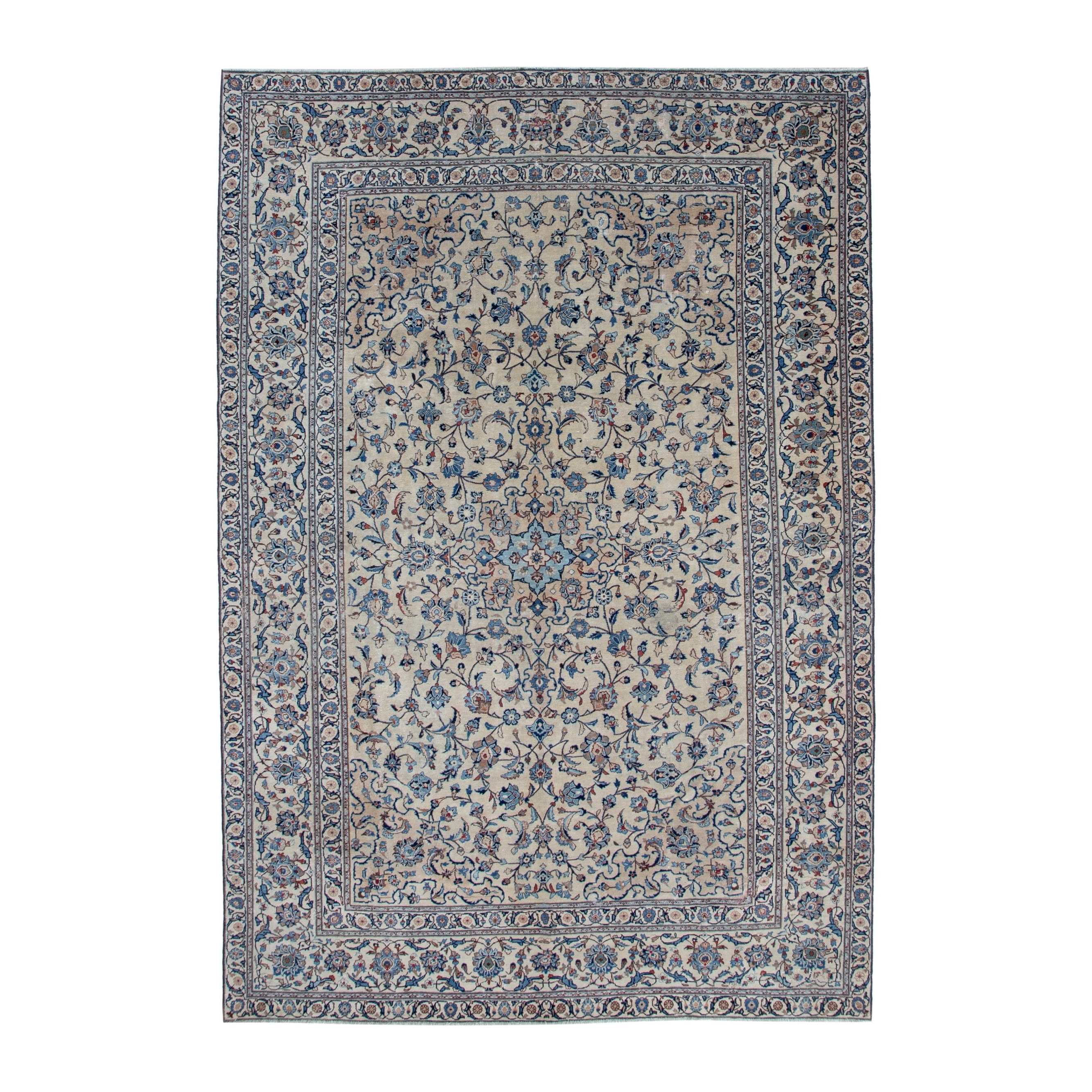 Persian Kashan oversized rug in cream and denim, 8'1" x 11'10"
