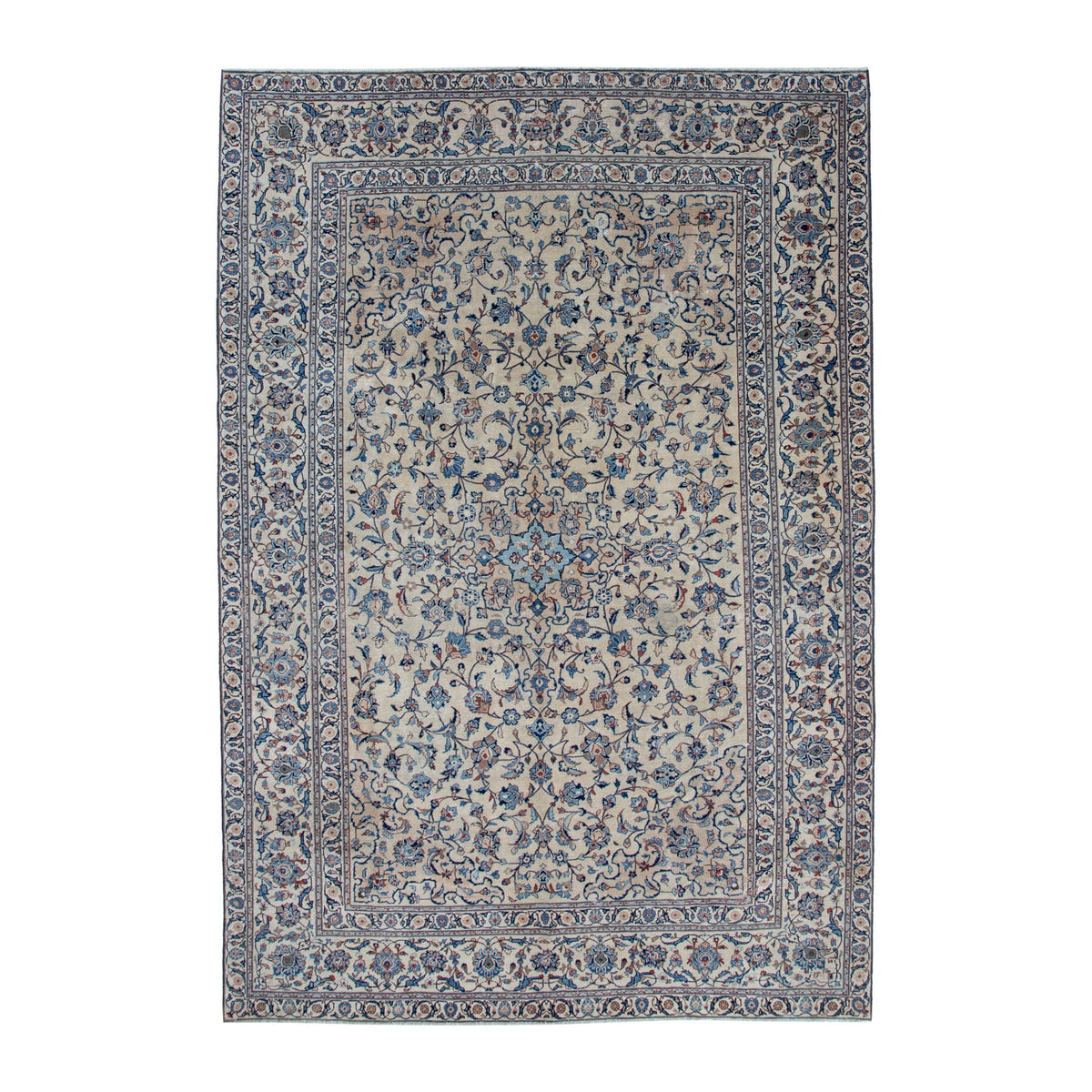 Persian Kashan oversized rug in cream and denim, 8'1" x 11'10"