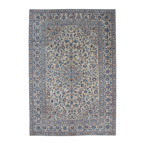 Persian Kashan oversized rug in cream and denim, 8'1" x 11'10"