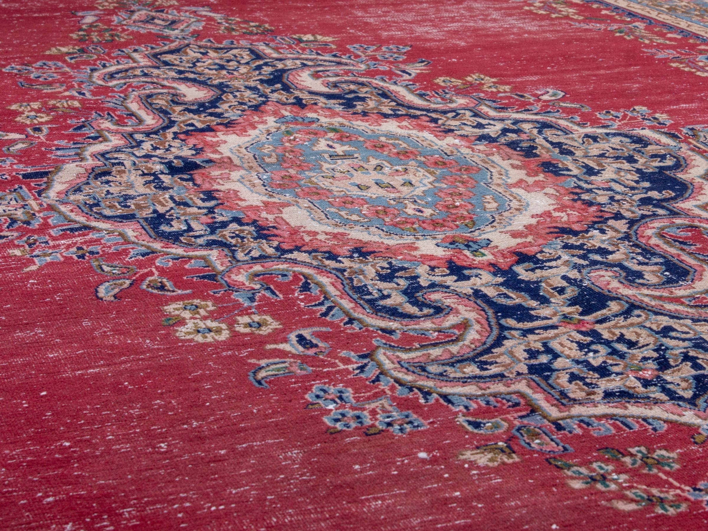 Persian Kerman oversized rug in deep red and denim, view 8 of 20