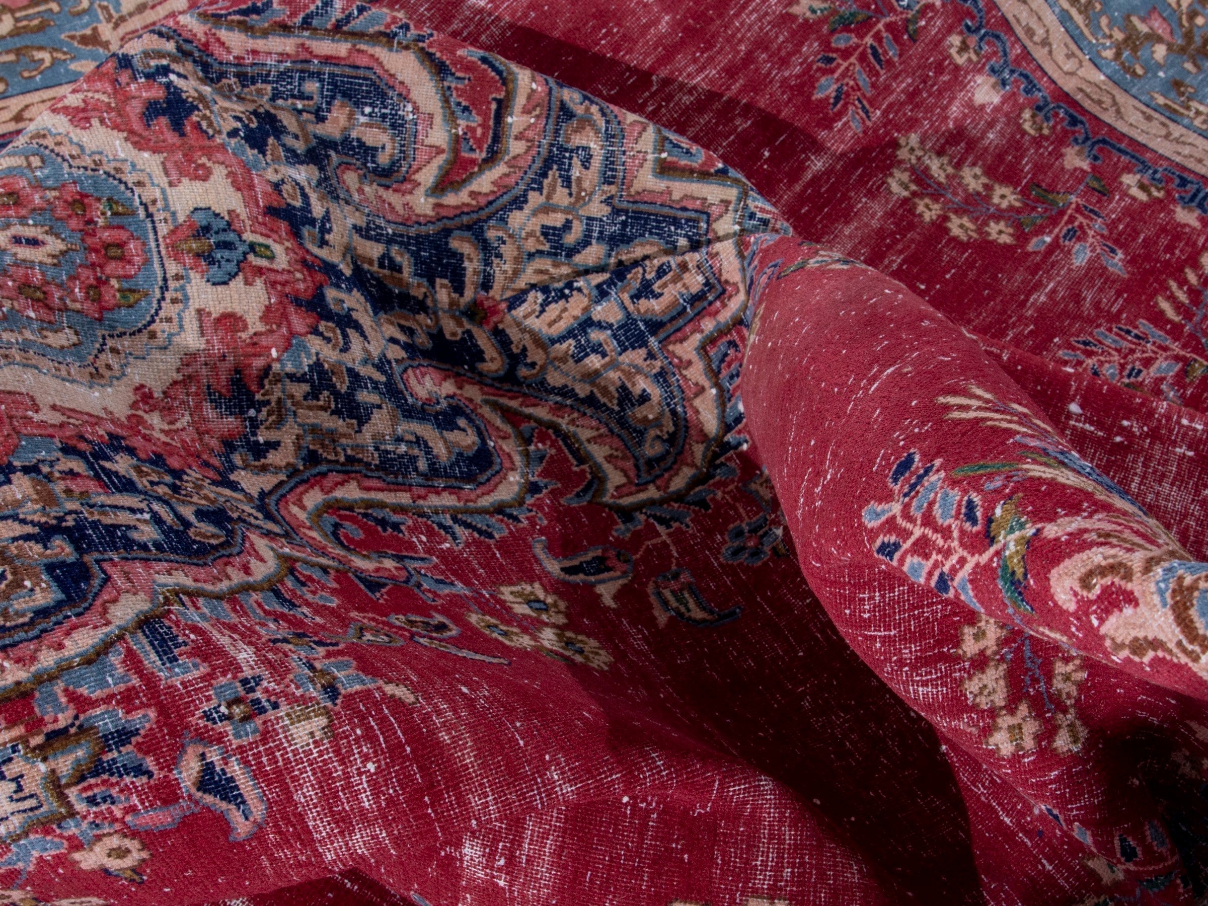 Persian Kerman oversized rug in deep red and denim, view 16 of 20