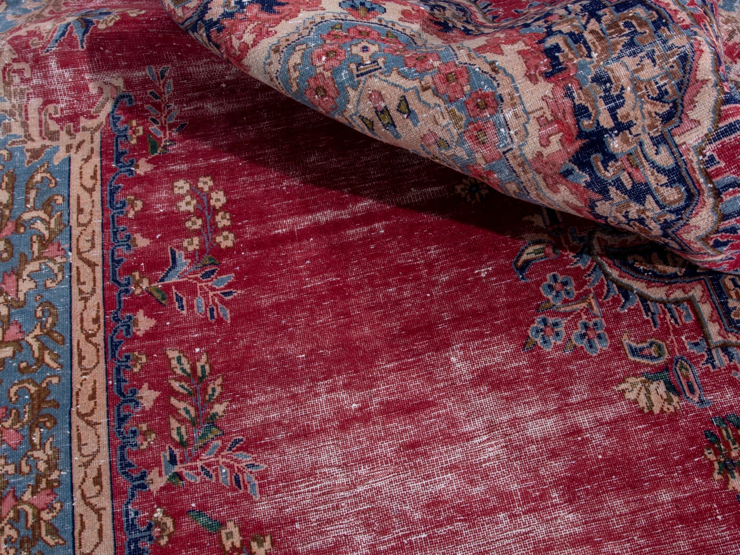 Persian Kerman oversized rug in deep red and denim, view 17 of 20
